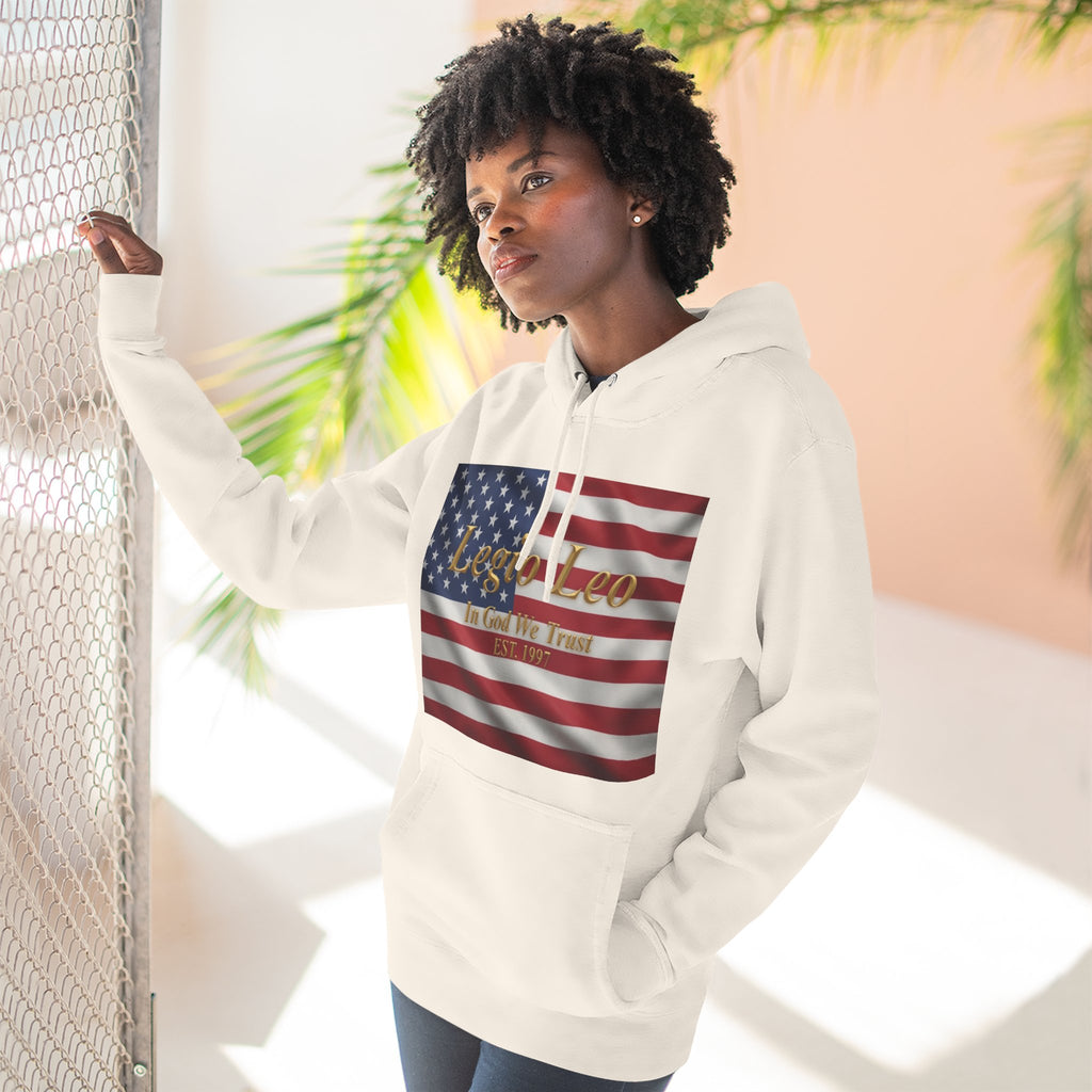 Legio Leo American Flag Fleece Hoodie – Minimal Gold Script Pullover