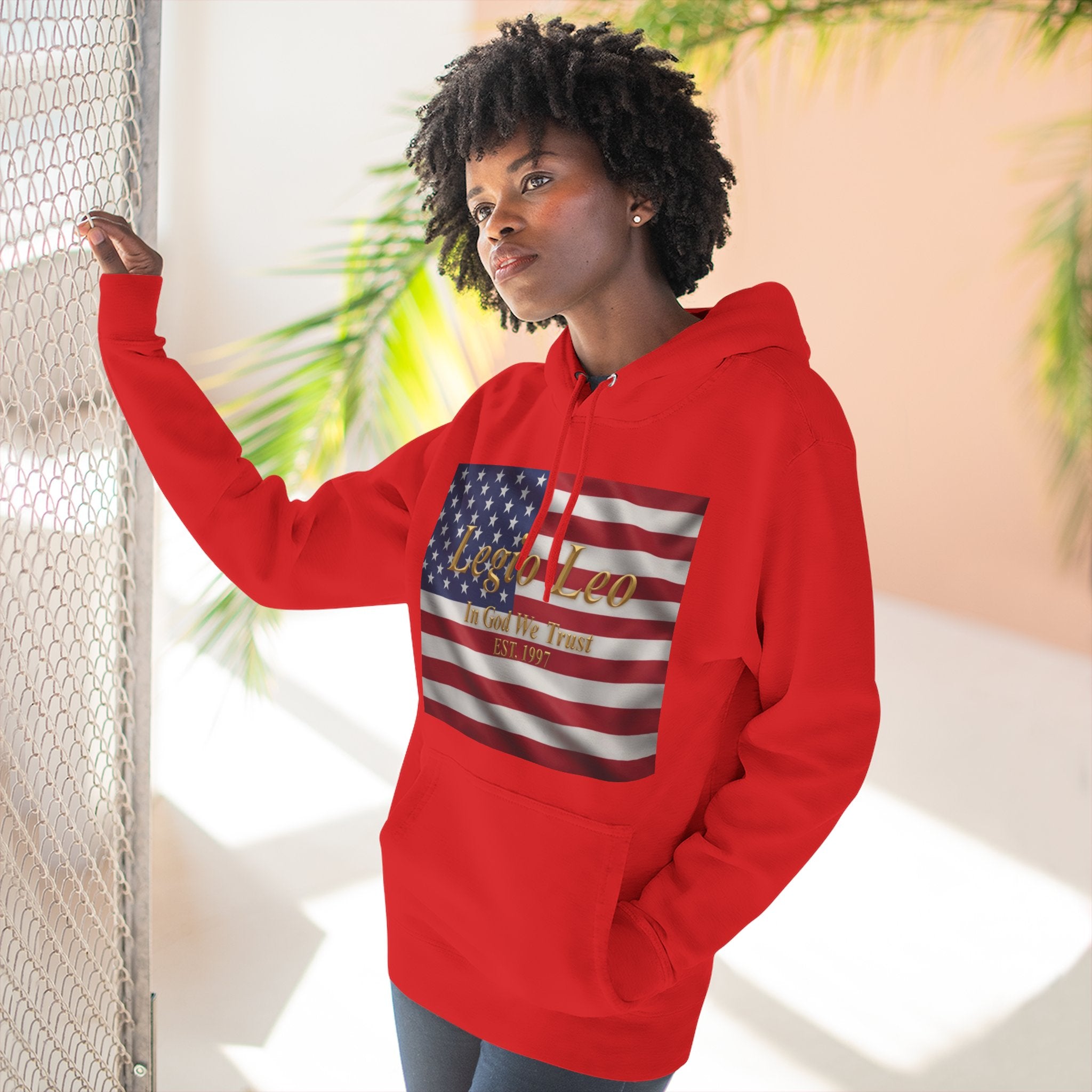 Legio Leo American Flag Fleece Hoodie – Minimal Gold Script Pullover
