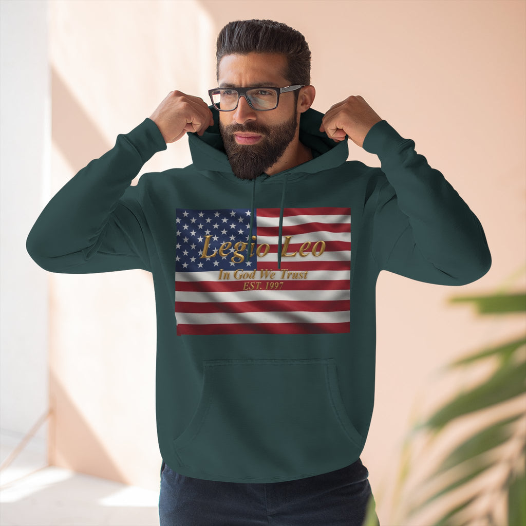 Legio Leo American Flag Fleece Hoodie – Minimal Gold Script Pullover