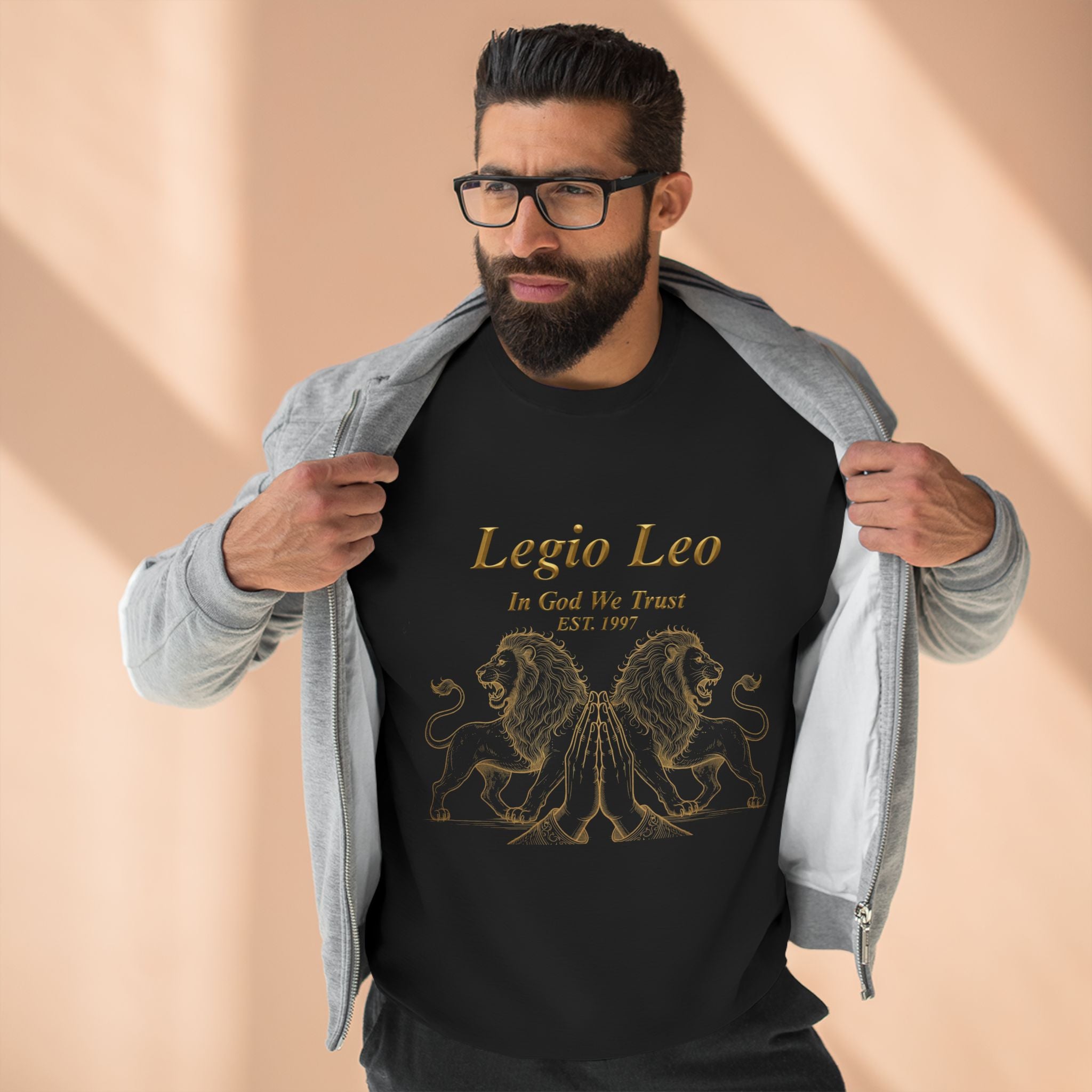 Legio Leo Crewneck Sweatshirt — Classic Latin Crest “In God We Trust” Graphic