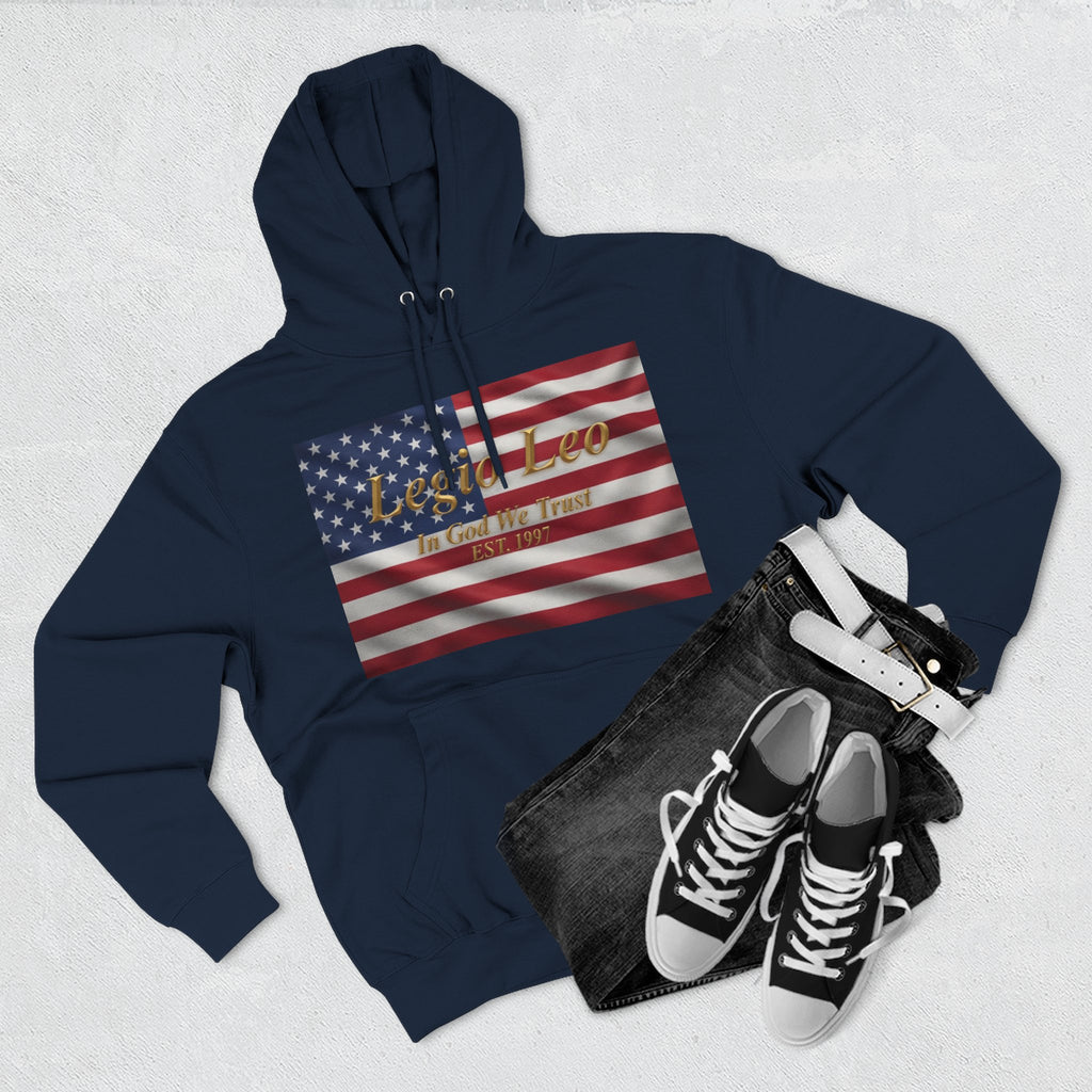 Legio Leo American Flag Fleece Hoodie – Minimal Gold Script Pullover