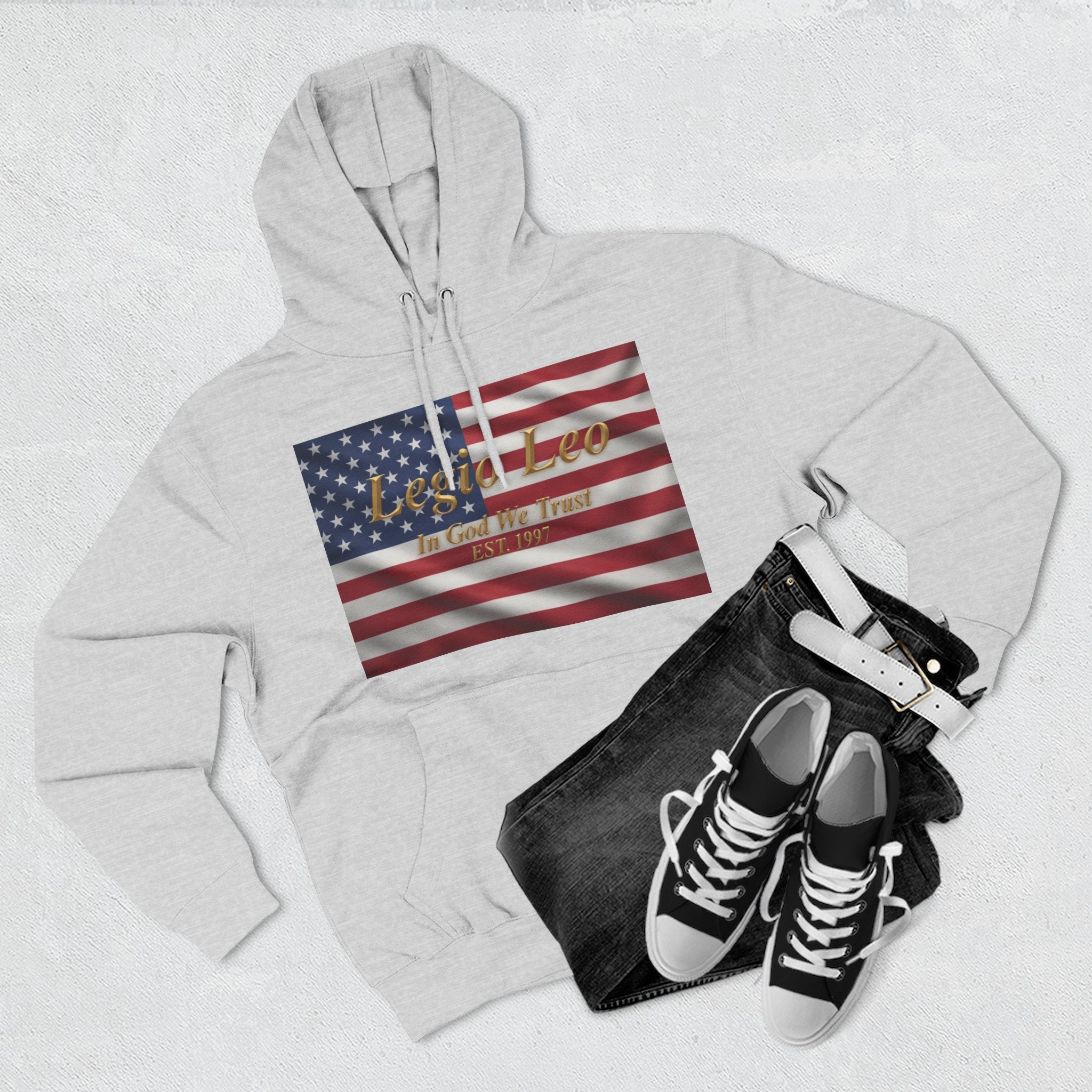 Legio Leo American Flag Fleece Hoodie – Minimal Gold Script Pullover
