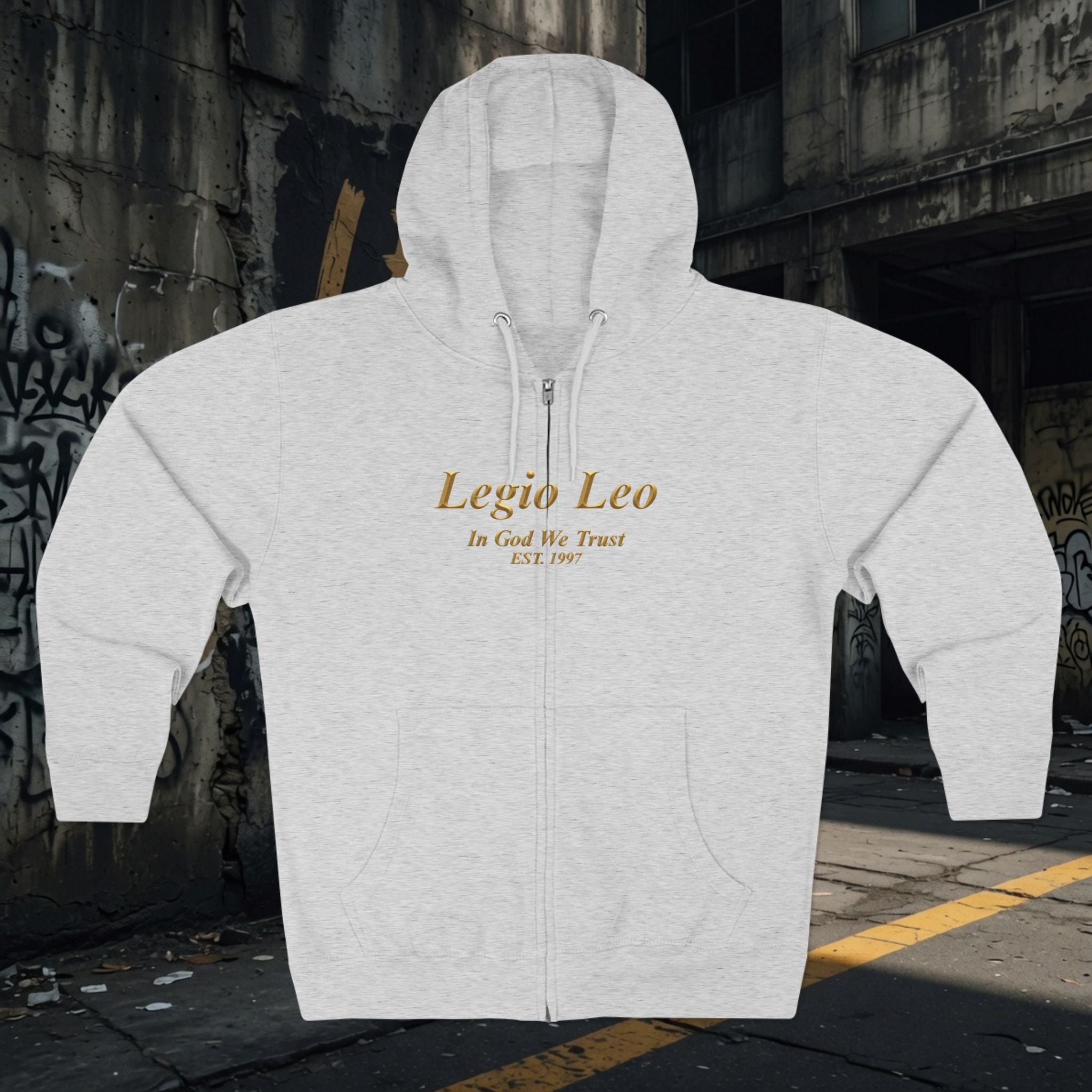 Zip Hoodie — Legio Leo Lion & Skull Graphic Zip-Up with “In God We Trust” Text