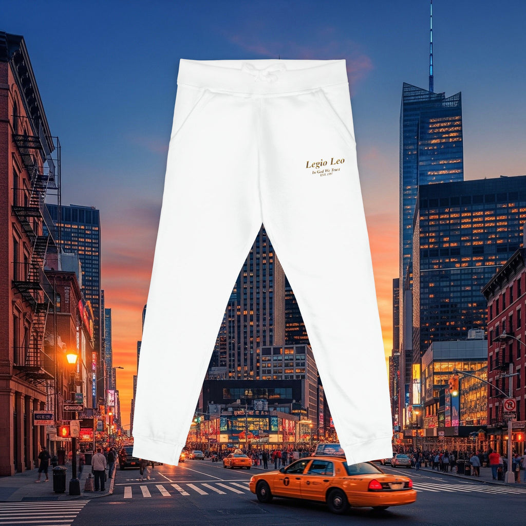 Legio Leo Sweatpants — In God We Trust Embroidery Design Cozy Fleece Joggers