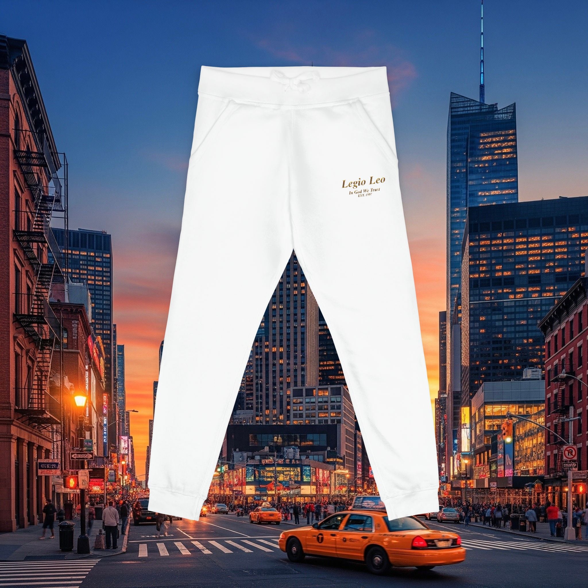 Legio Leo Sweatpants — In God We Trust Embroidery Design Cozy Fleece Joggers