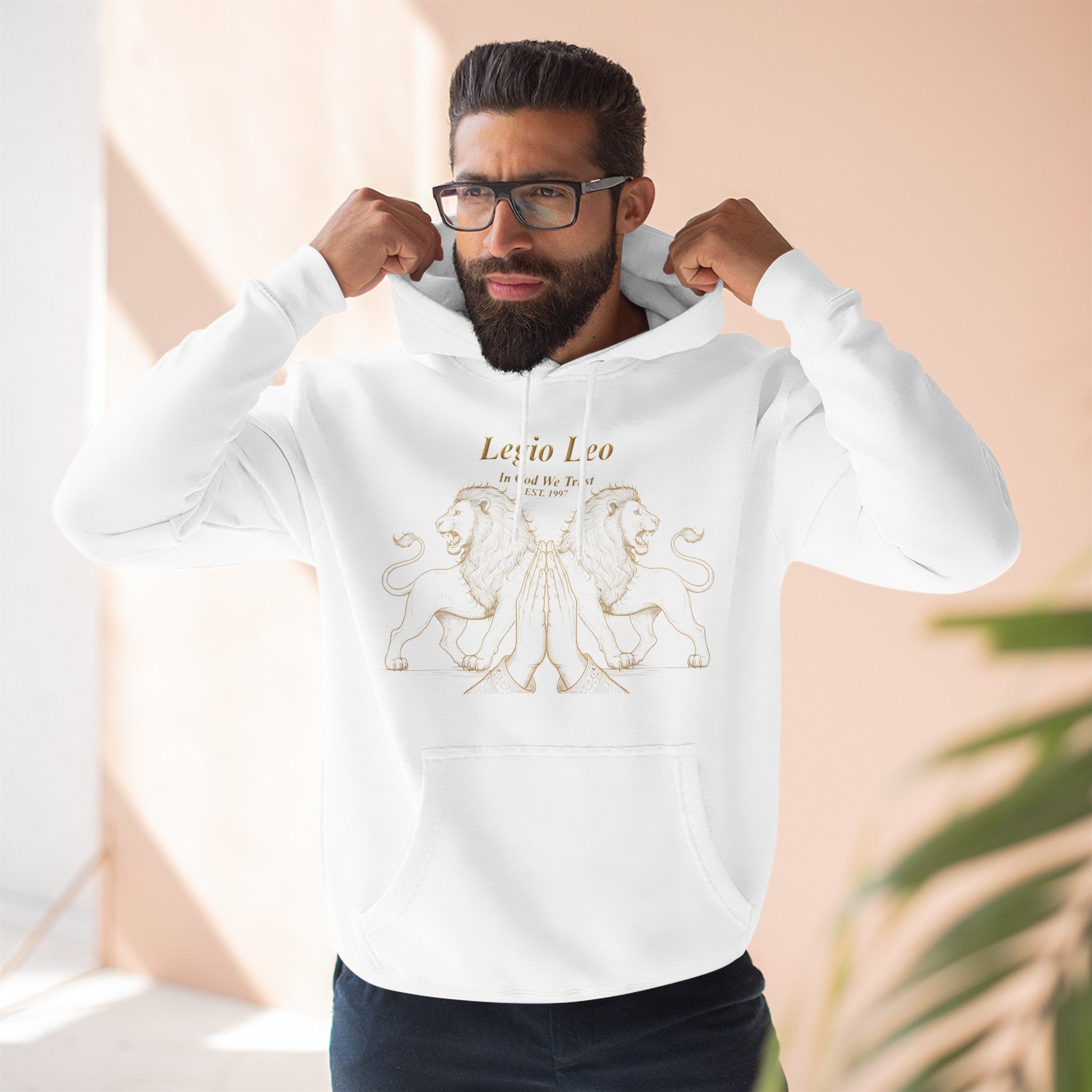 Legio Leo Fleece Hoodie – Minimal Gold Script Pullover Guardian Design