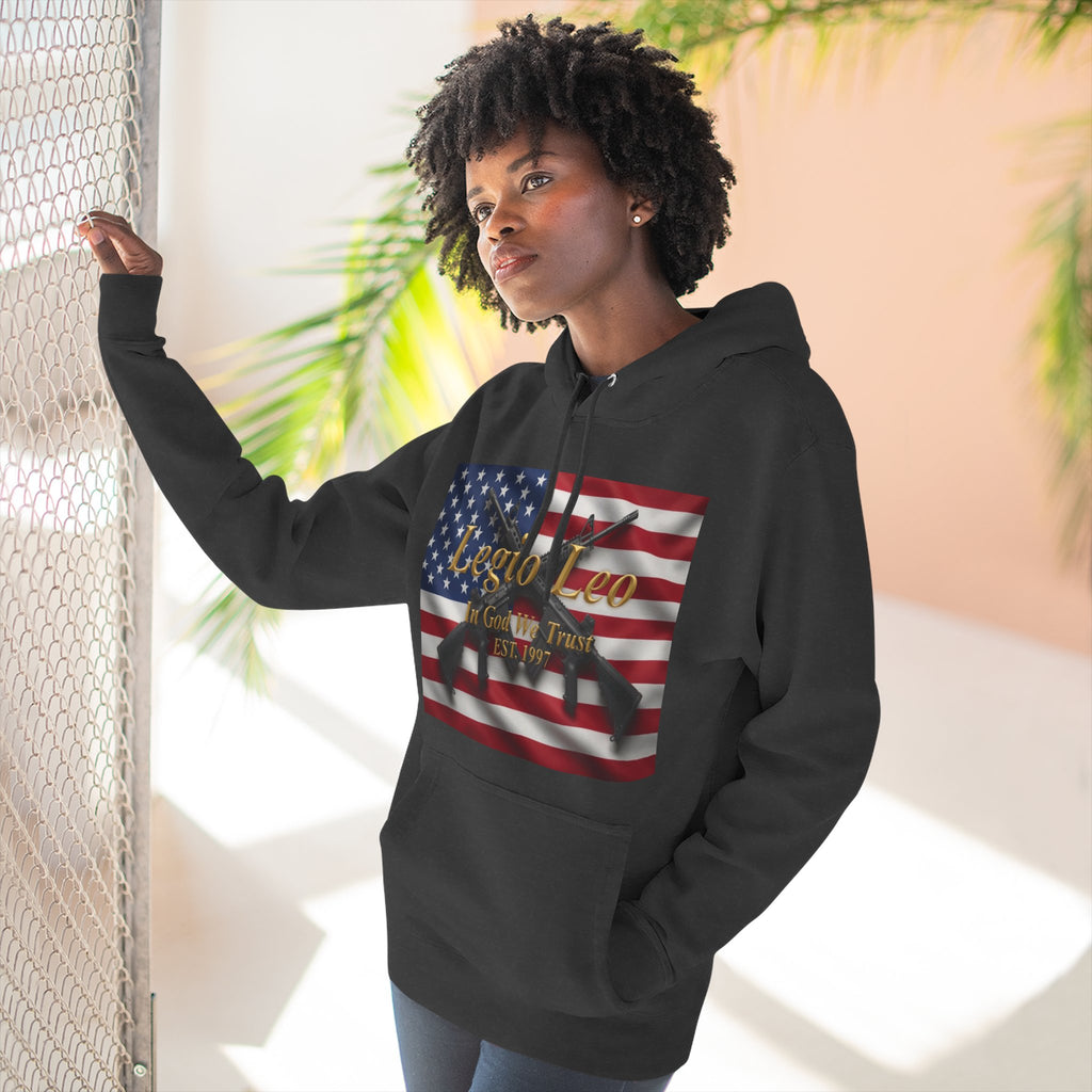 Legio Leo American Flag Fleece Hoodie – Minimal Gold Script Pullover Warrior Design