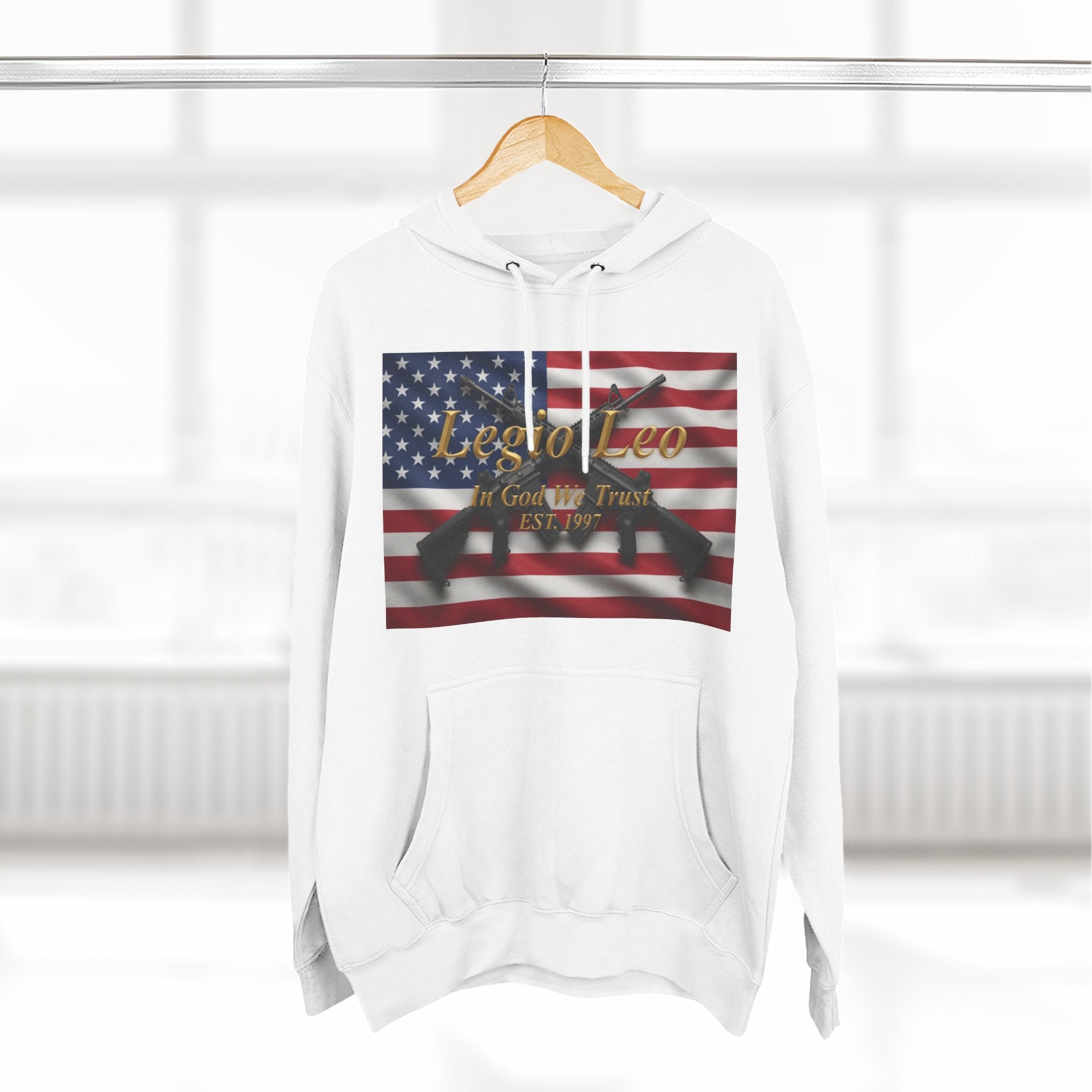 Legio Leo American Flag Fleece Hoodie – Minimal Gold Script Pullover Warrior Design