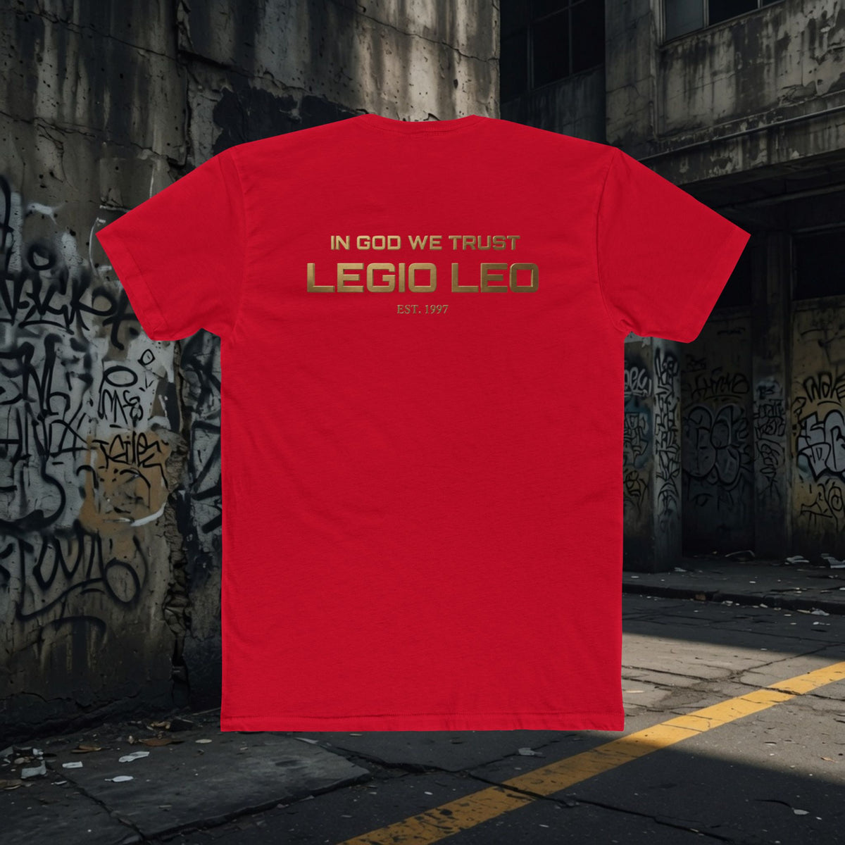 Legio Leo Graphic Tee — "In God We Trust" Back Print Cotton T-Shirt