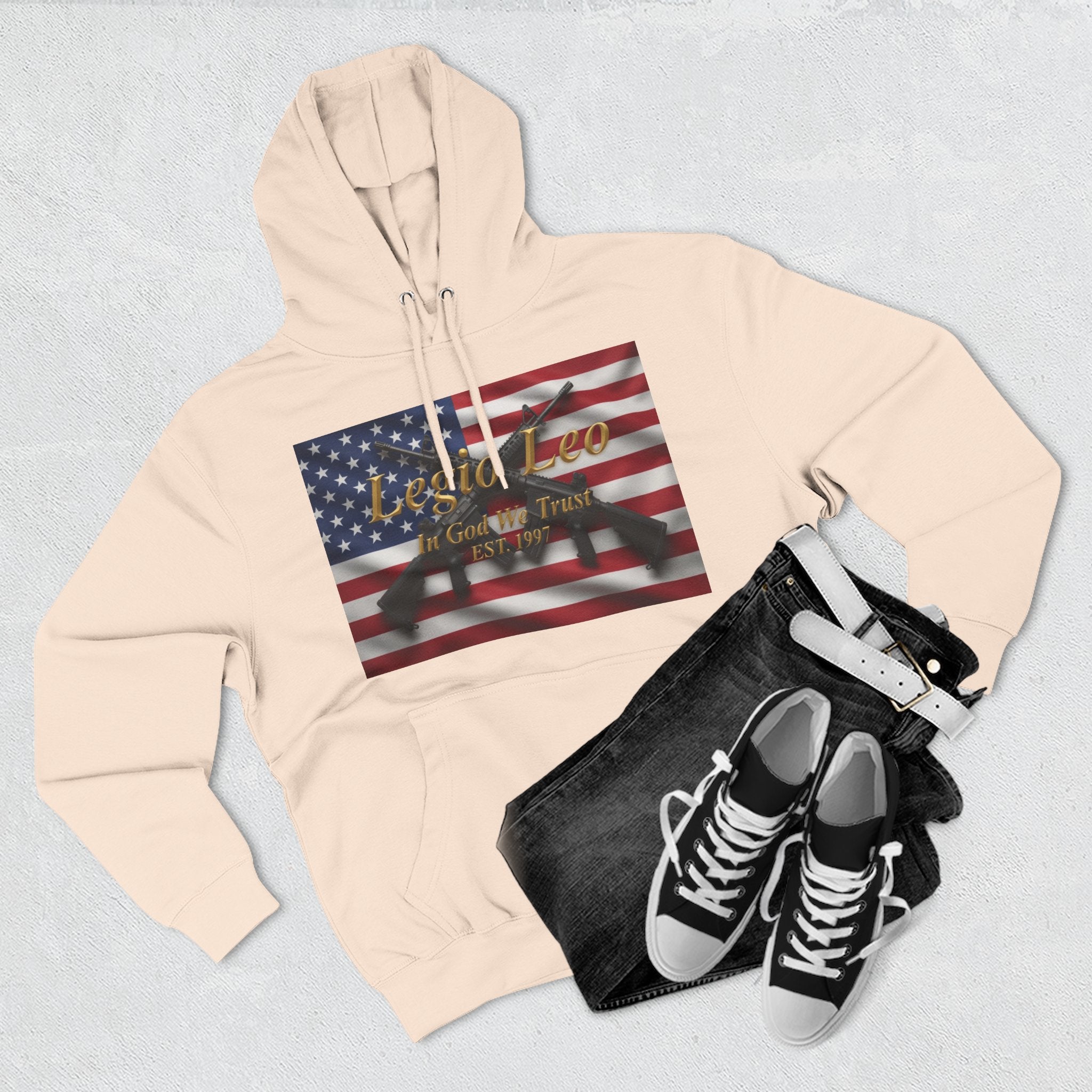 Legio Leo American Flag Fleece Hoodie – Minimal Gold Script Pullover Warrior Design
