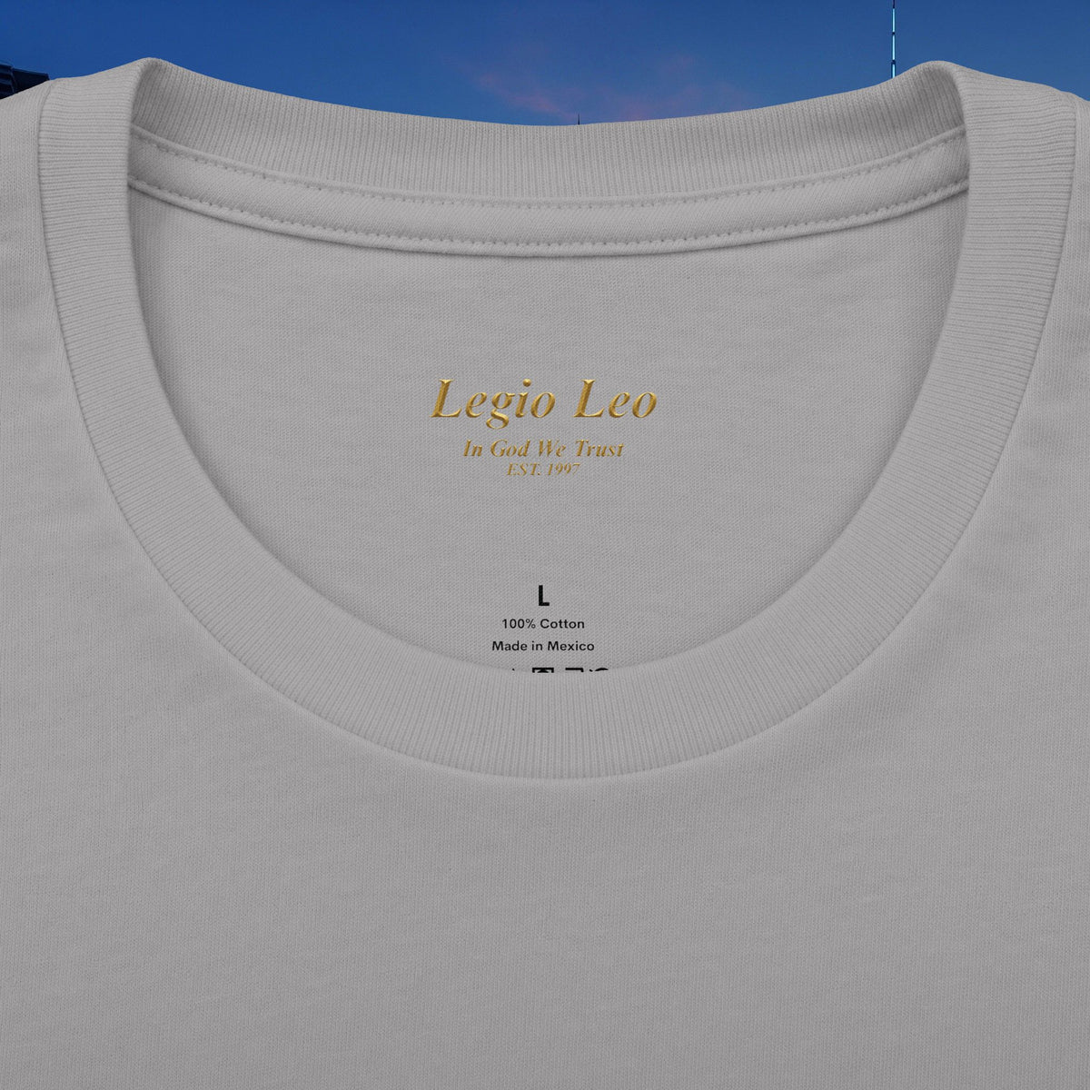 Legio Leo Vertical Logo Tee — "In God We Trust" Cotton Crew