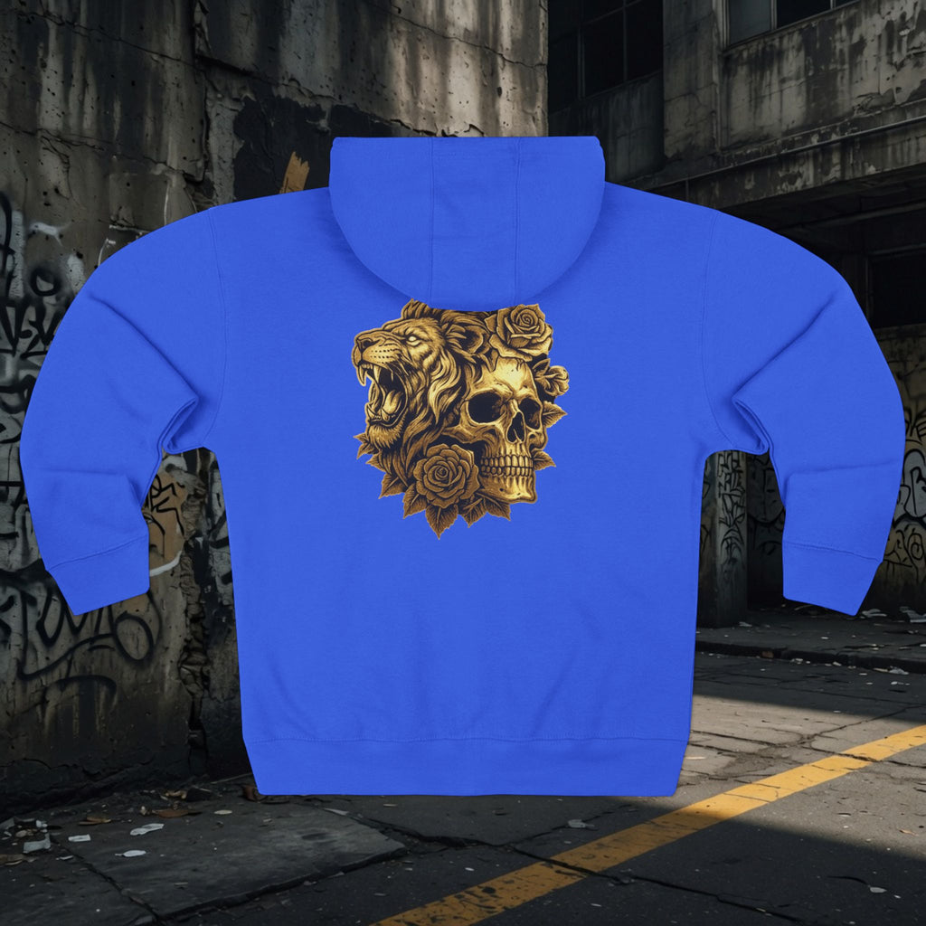 Zip Hoodie — Legio Leo Lion & Skull Graphic Zip-Up with “In God We Trust” Text