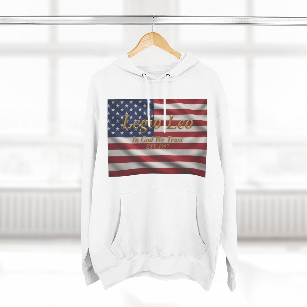 Legio Leo American Flag Fleece Hoodie – Minimal Gold Script Pullover