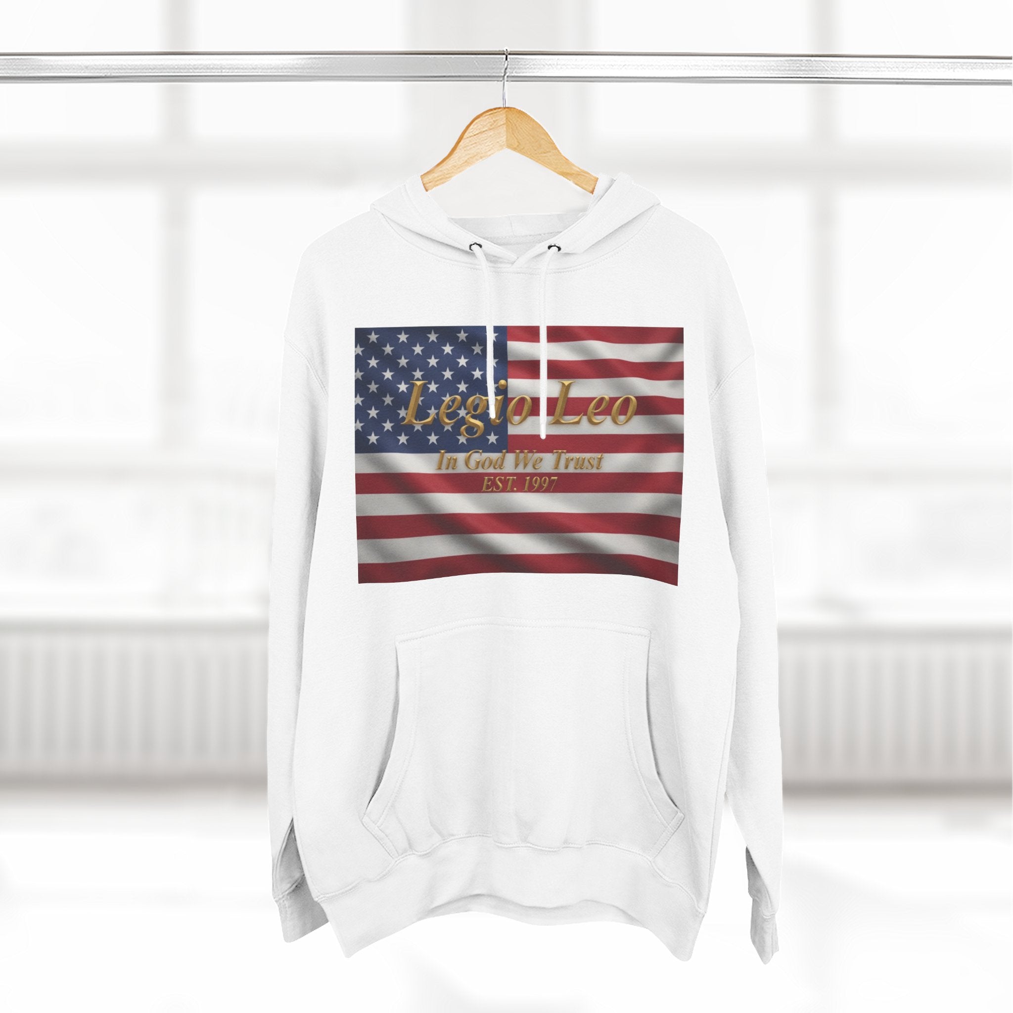 Legio Leo American Flag Fleece Hoodie – Minimal Gold Script Pullover