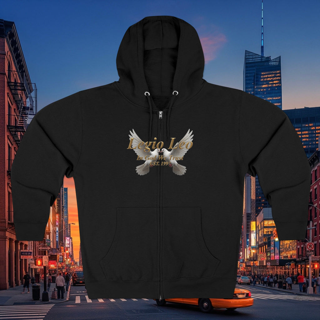 Leo Zodiac Zip Hoodie — 'Legio Leo— In God We Trust' Script with White Doves Design