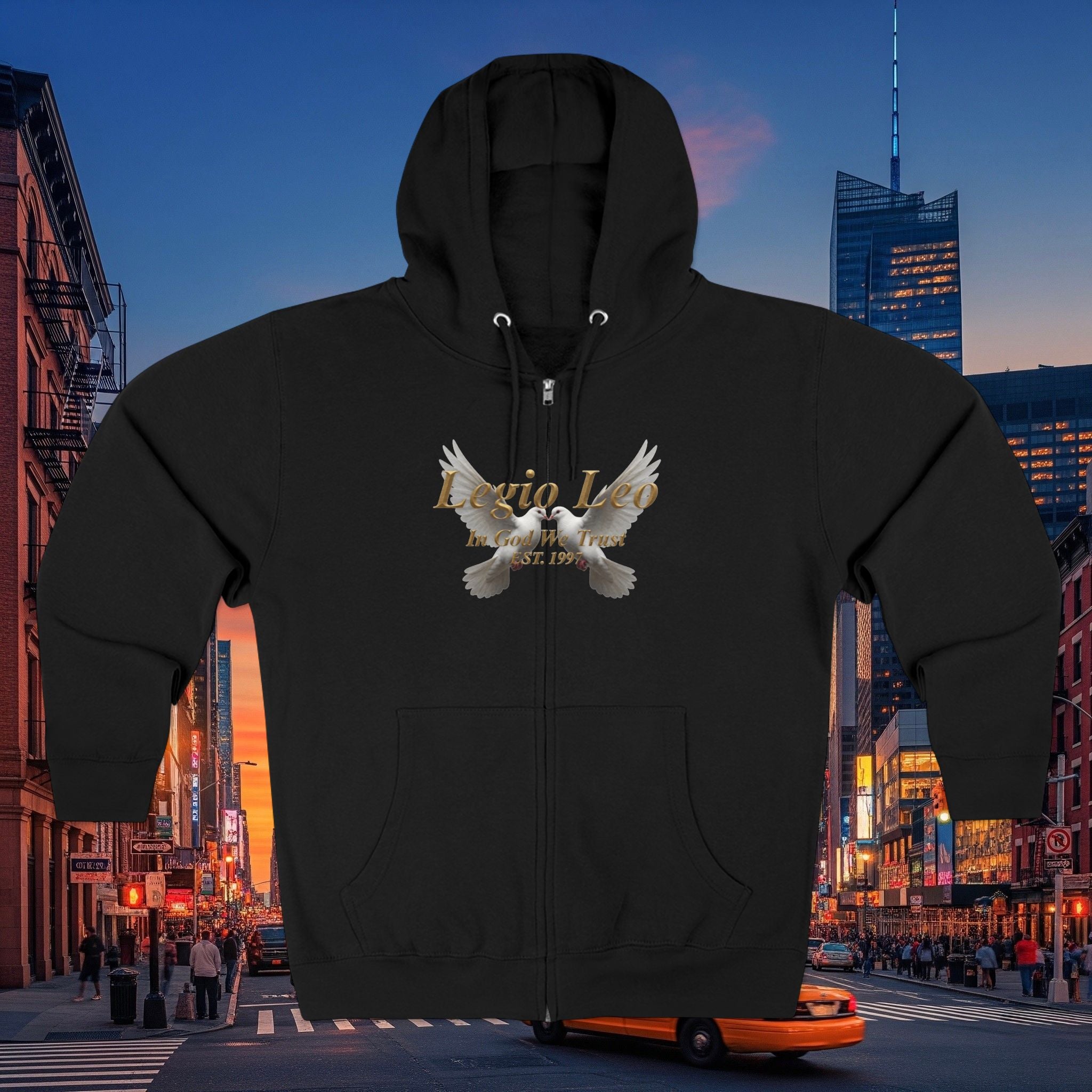 Leo Zodiac Zip Hoodie — 'Legio Leo— In God We Trust' Script with White Doves Design
