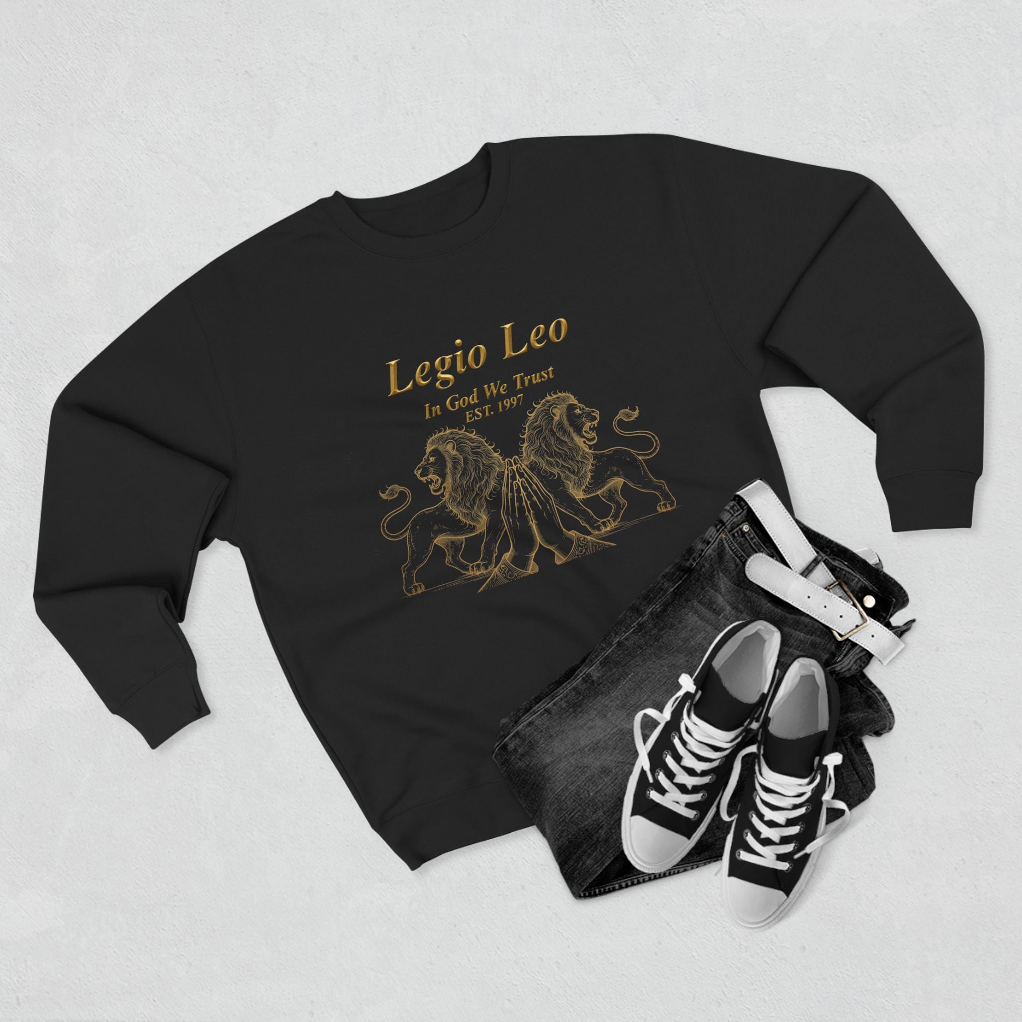 Legio Leo Crewneck Sweatshirt — Classic Latin Crest “In God We Trust” Graphic