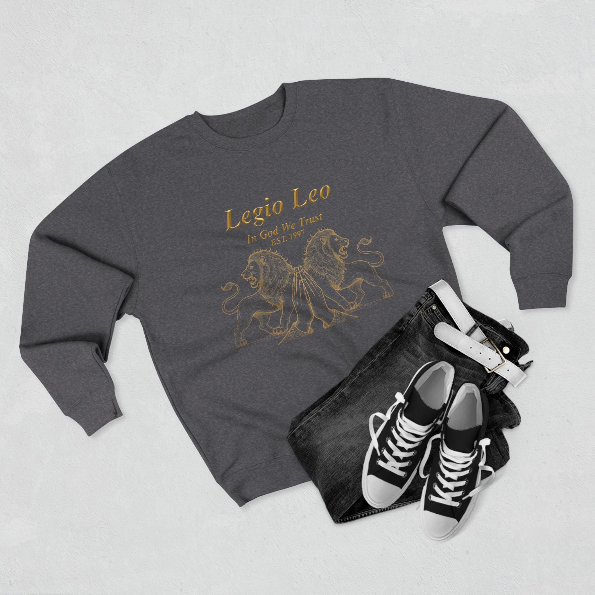 Legio Leo Crewneck Sweatshirt — Classic Latin Crest “In God We Trust” Graphic