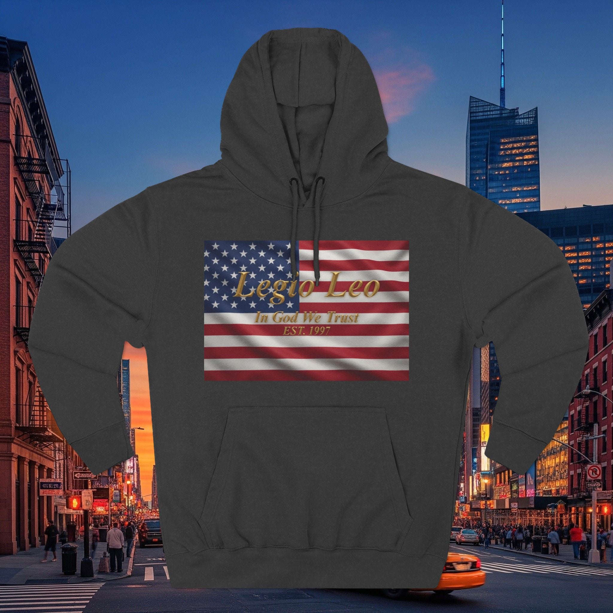 Legio Leo American Flag Fleece Hoodie – Minimal Gold Script Pullover