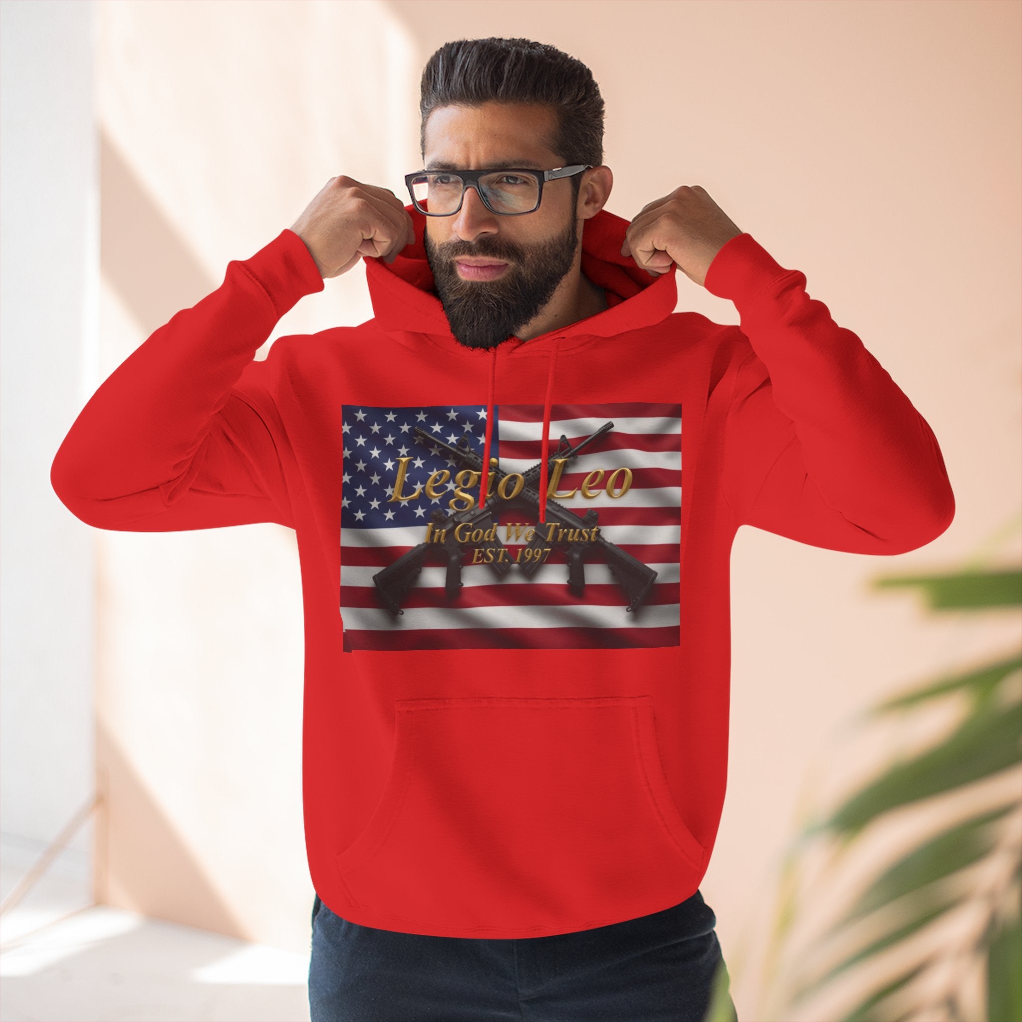 Legio Leo American Flag Fleece Hoodie – Minimal Gold Script Pullover Warrior Design