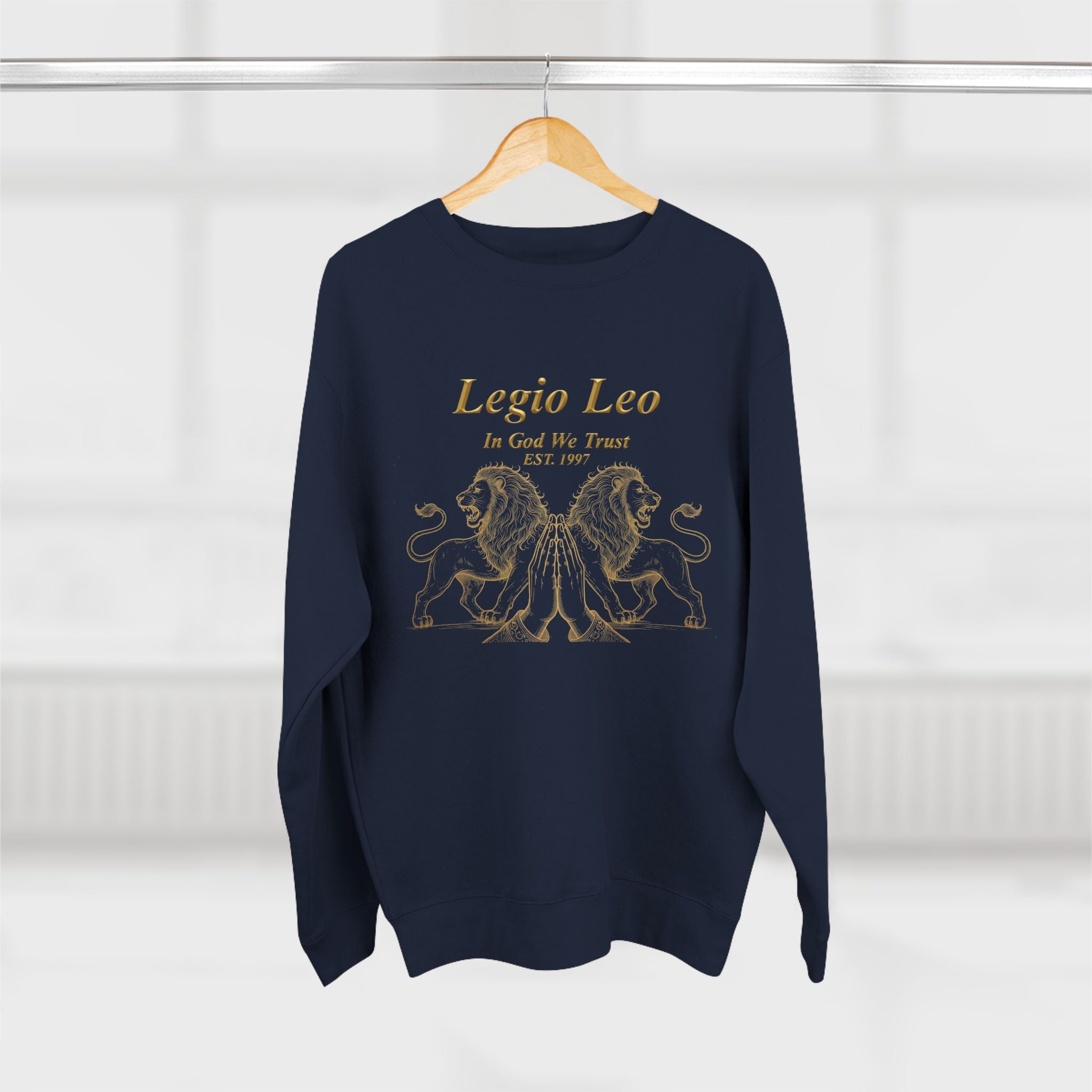 Legio Leo Crewneck Sweatshirt — Classic Latin Crest “In God We Trust” Graphic