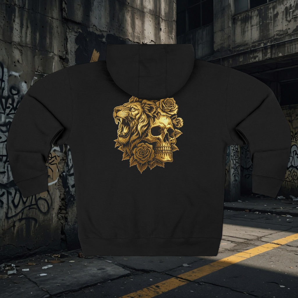 Zip Hoodie — Legio Leo Lion & Skull Graphic Zip-Up with “In God We Trust” Text