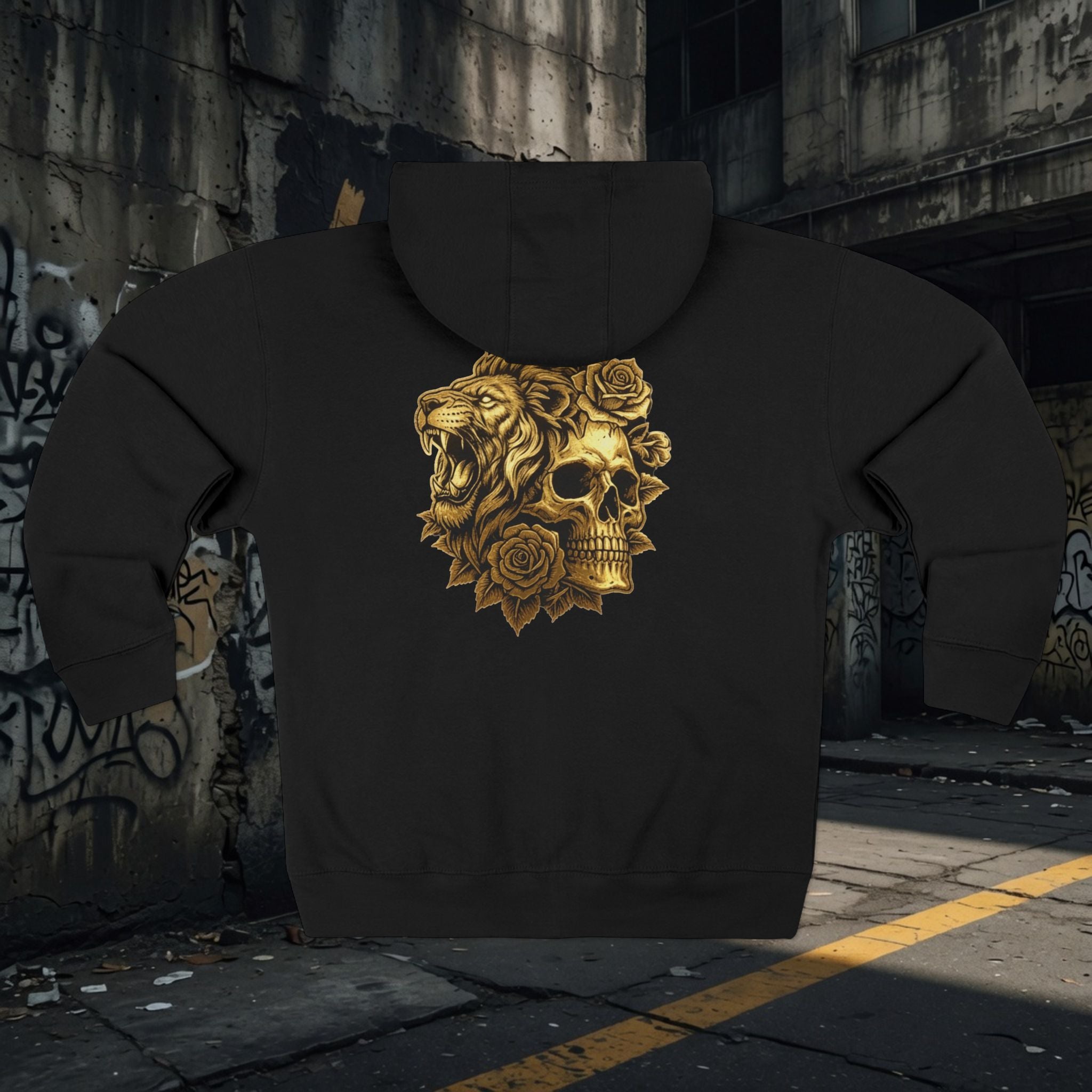 Zip Hoodie — Legio Leo Lion & Skull Graphic Zip-Up with “In God We Trust” Text
