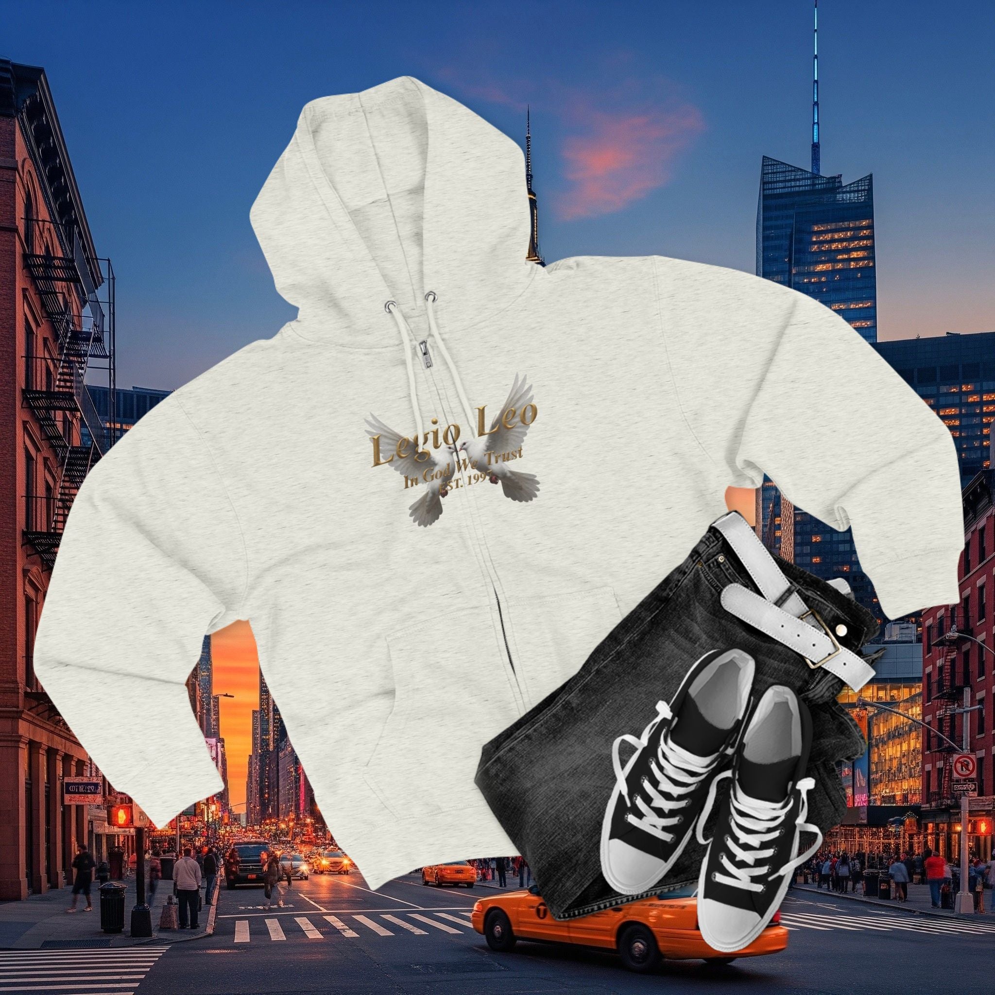 Leo Zodiac Zip Hoodie — 'Legio Leo— In God We Trust' Script with White Doves Design