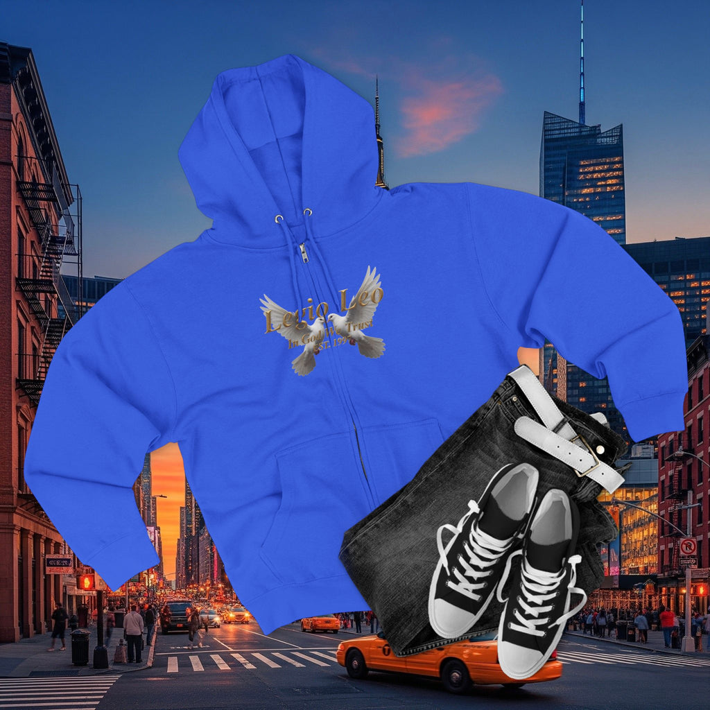 Leo Zodiac Zip Hoodie — 'Legio Leo— In God We Trust' Script with White Doves Design