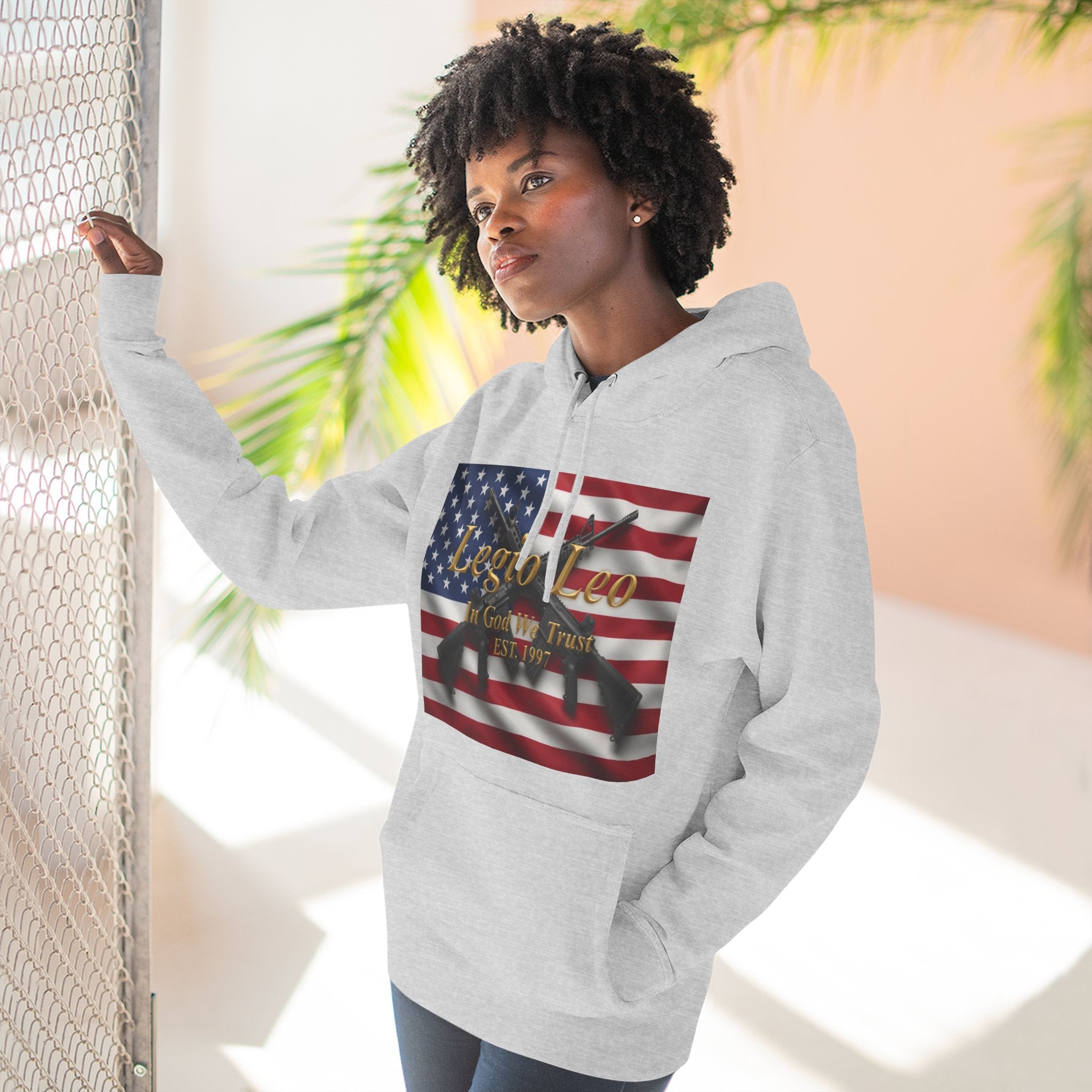 Legio Leo American Flag Fleece Hoodie – Minimal Gold Script Pullover Warrior Design