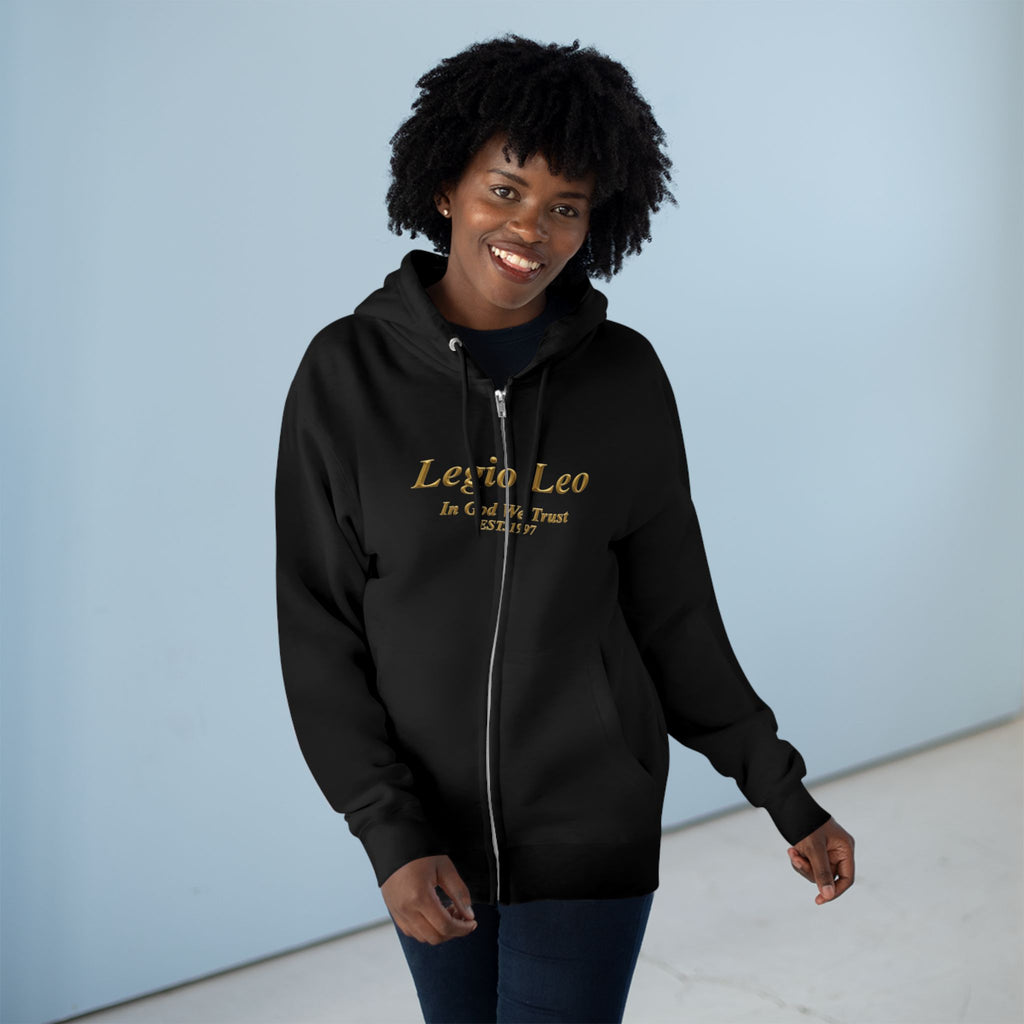 Zip Hoodie — Legio Leo Lion & Skull Graphic Zip-Up with “In God We Trust” Text