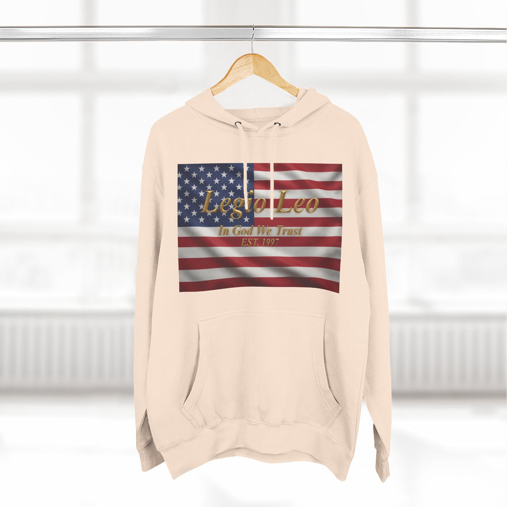 Legio Leo American Flag Fleece Hoodie – Minimal Gold Script Pullover