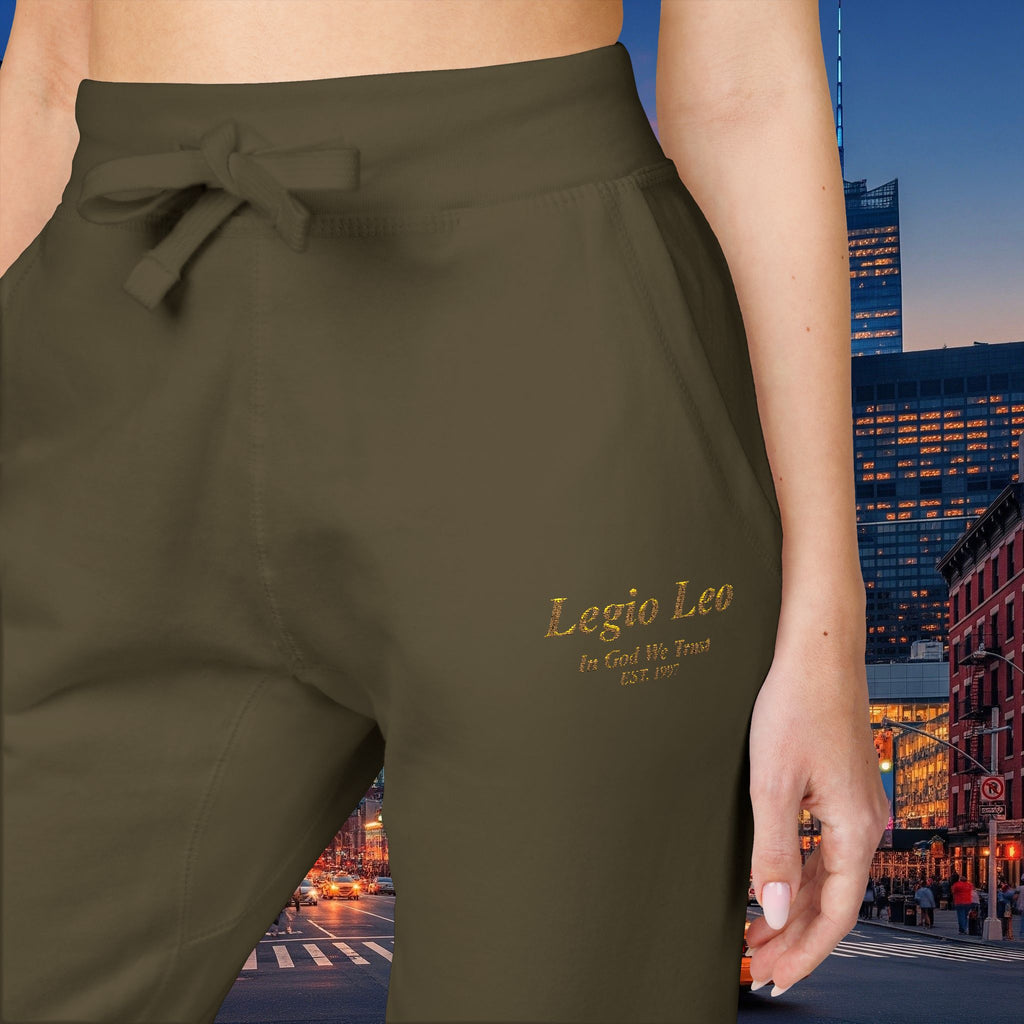 Legio Leo Sweatpants — In God We Trust Embroidery Design Cozy Fleece Joggers