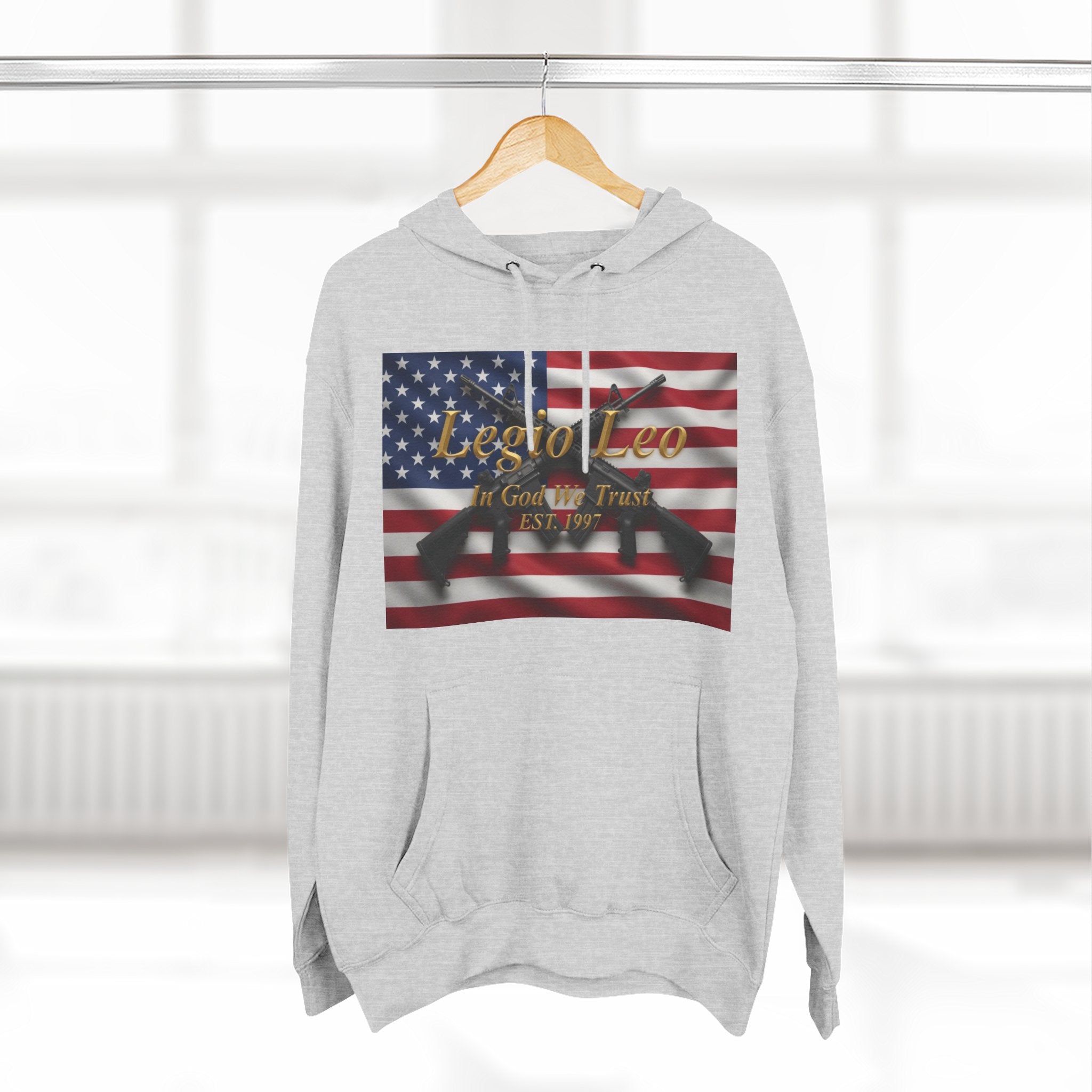 Legio Leo American Flag Fleece Hoodie – Minimal Gold Script Pullover Warrior Design