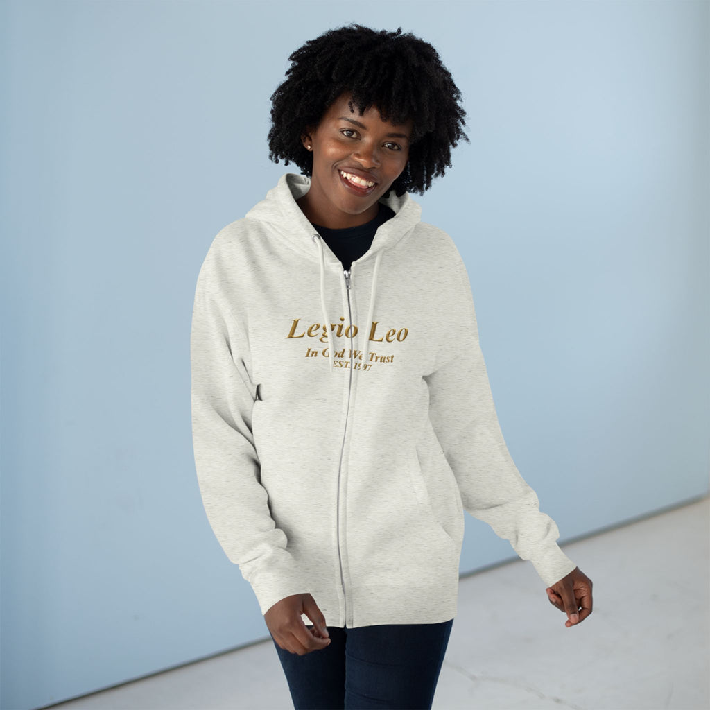 Zip Hoodie — Legio Leo Lion & Skull Graphic Zip-Up with “In God We Trust” Text