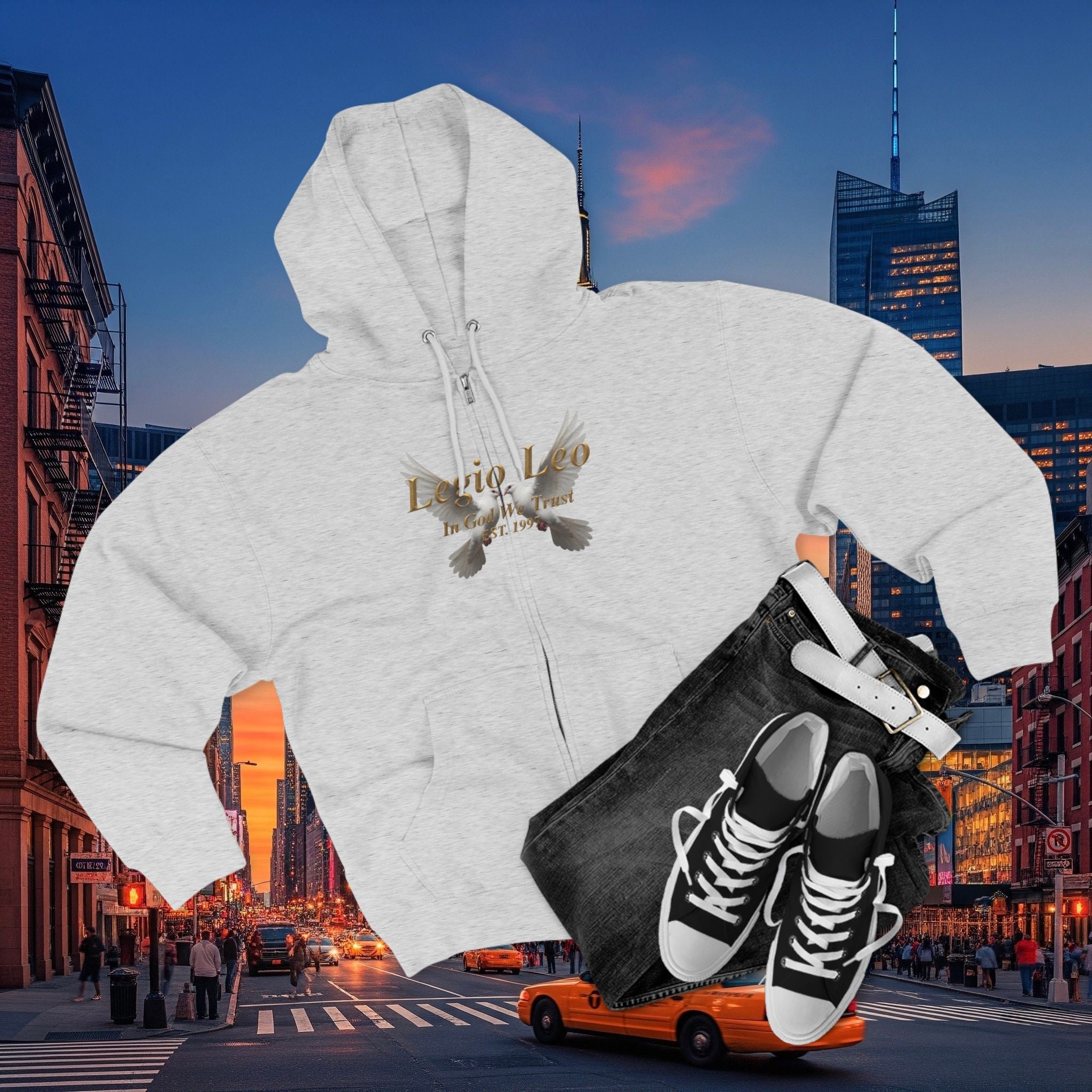 Leo Zodiac Zip Hoodie — 'Legio Leo— In God We Trust' Script with White Doves Design