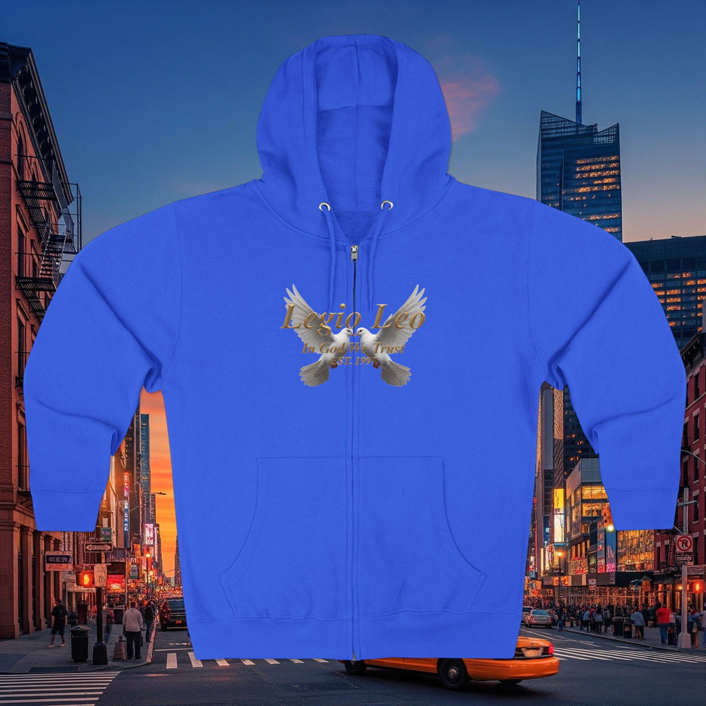 Leo Zodiac Zip Hoodie — 'Legio Leo— In God We Trust' Script with White Doves Design