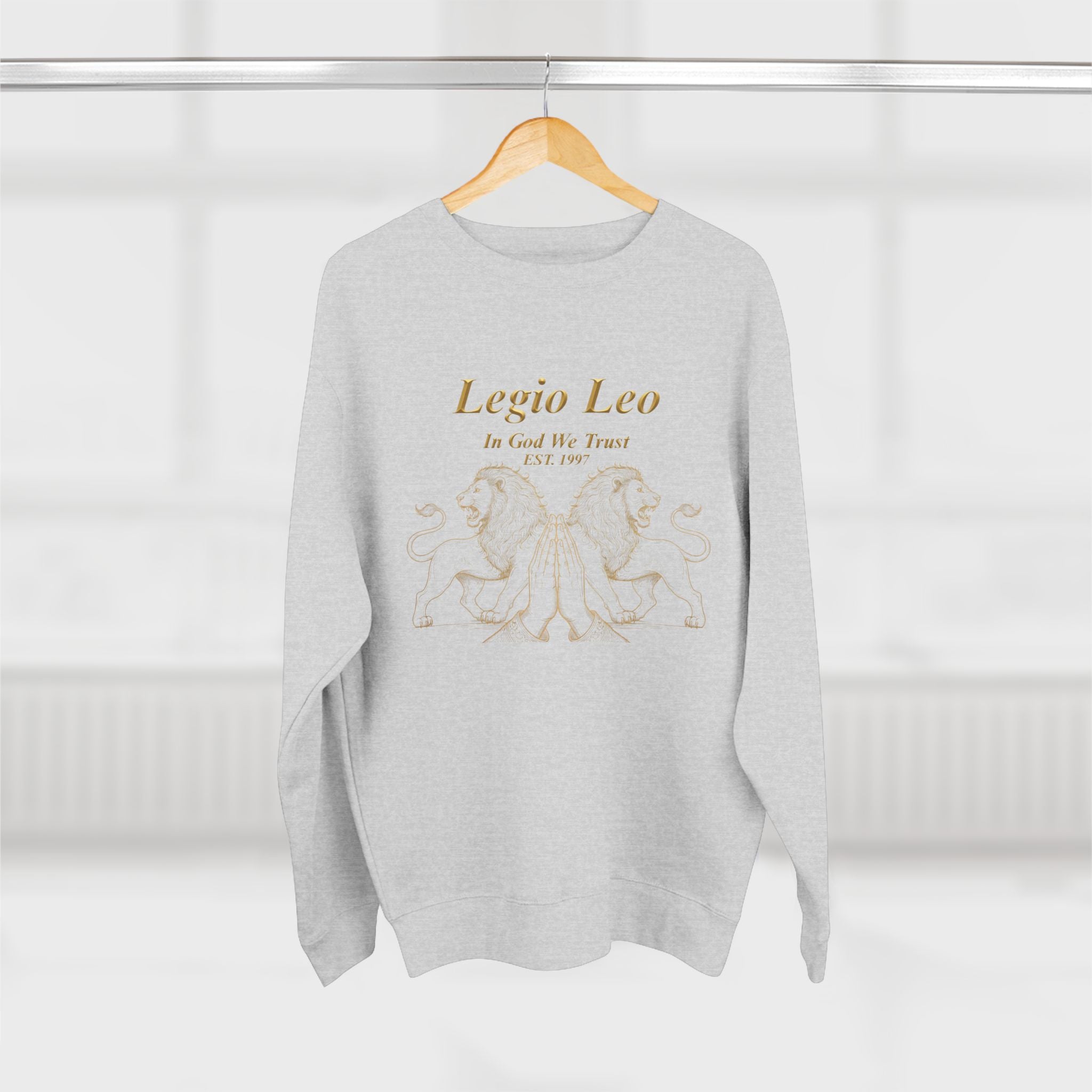 Legio Leo Crewneck Sweatshirt — Classic Latin Crest “In God We Trust” Graphic