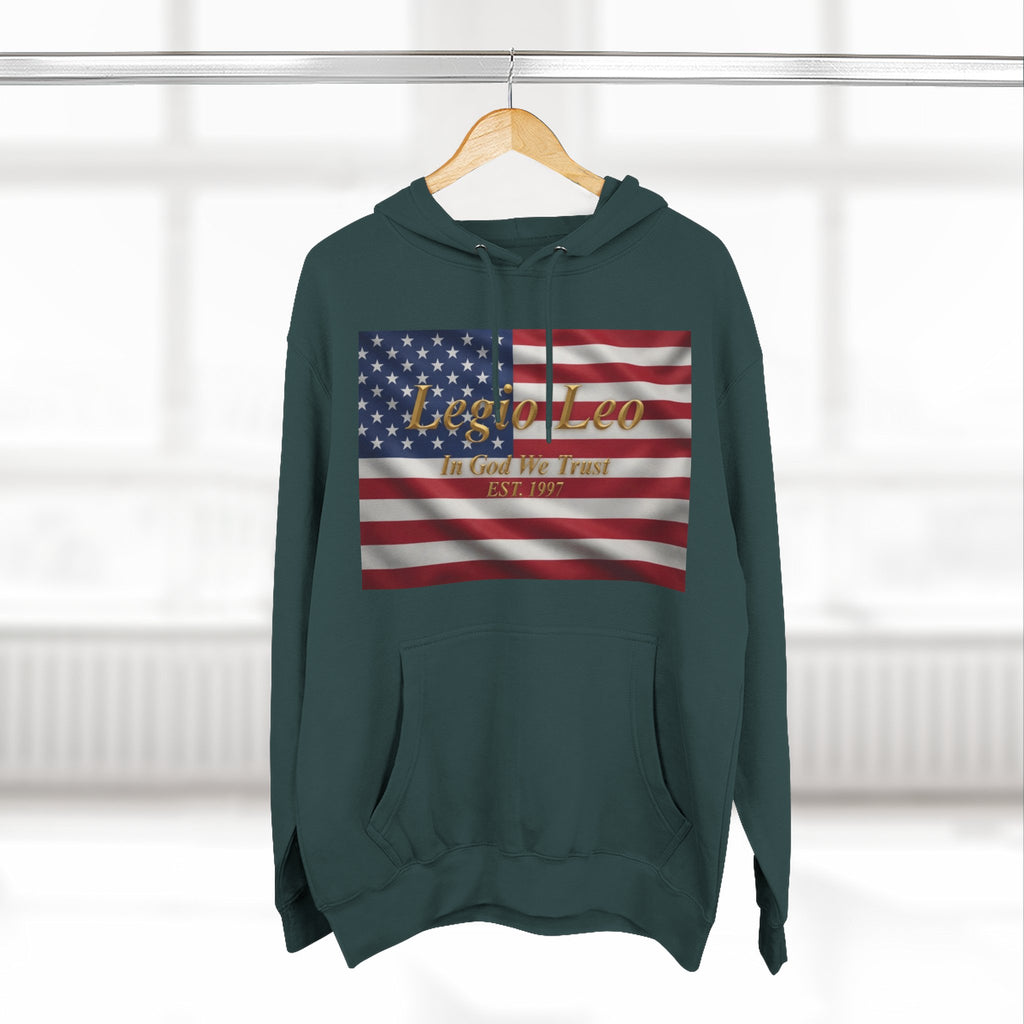 Legio Leo American Flag Fleece Hoodie – Minimal Gold Script Pullover