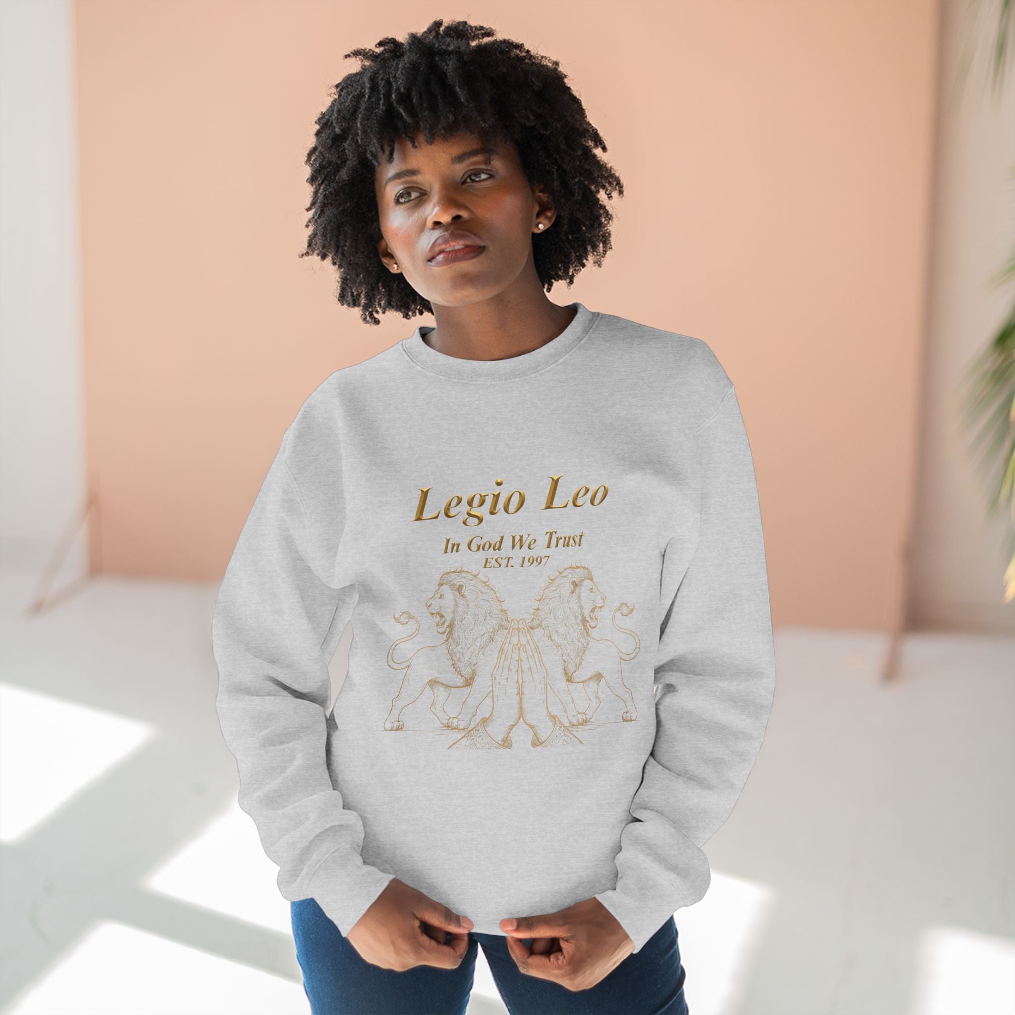 Legio Leo Crewneck Sweatshirt — Classic Latin Crest “In God We Trust” Graphic