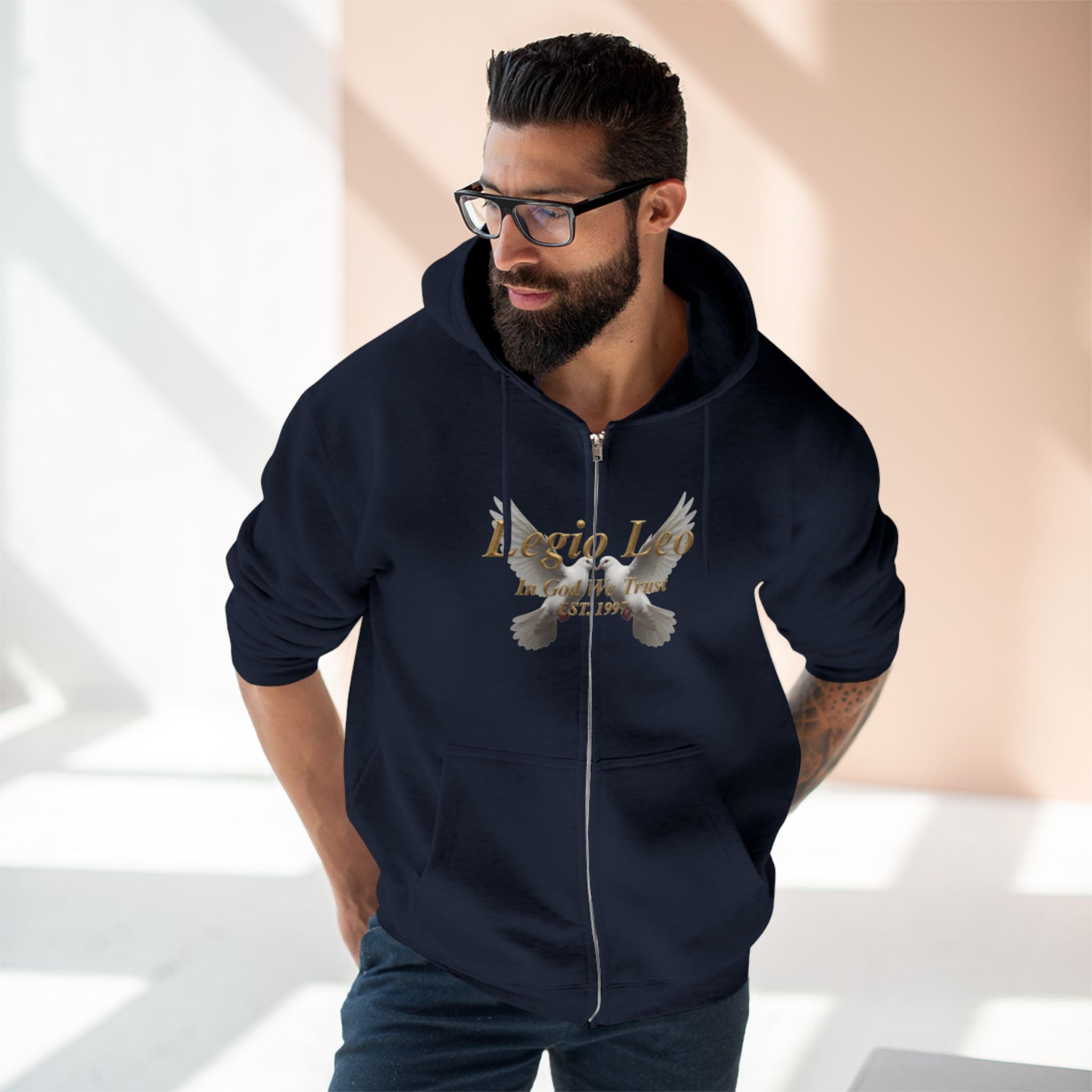 Leo Zodiac Zip Hoodie — 'Legio Leo— In God We Trust' Script with White Doves Design