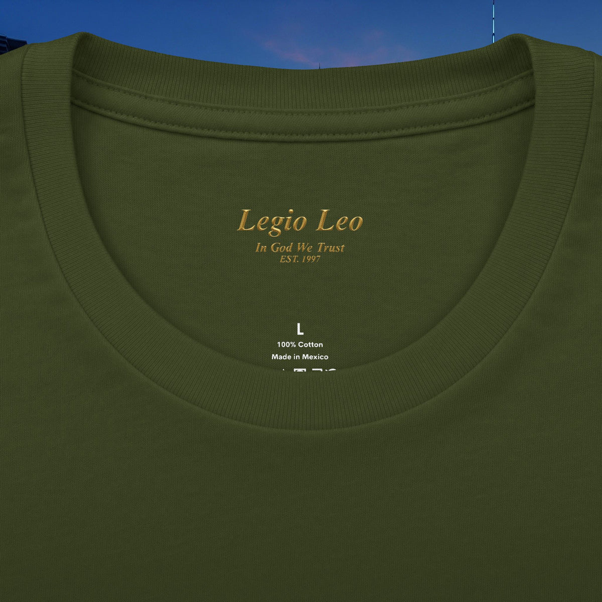 Legio Leo Vertical Logo Tee — "In God We Trust" Cotton Crew