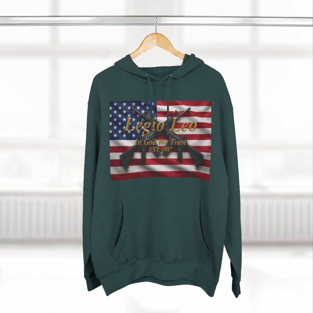 Legio Leo American Flag Fleece Hoodie – Minimal Gold Script Pullover Warrior Design