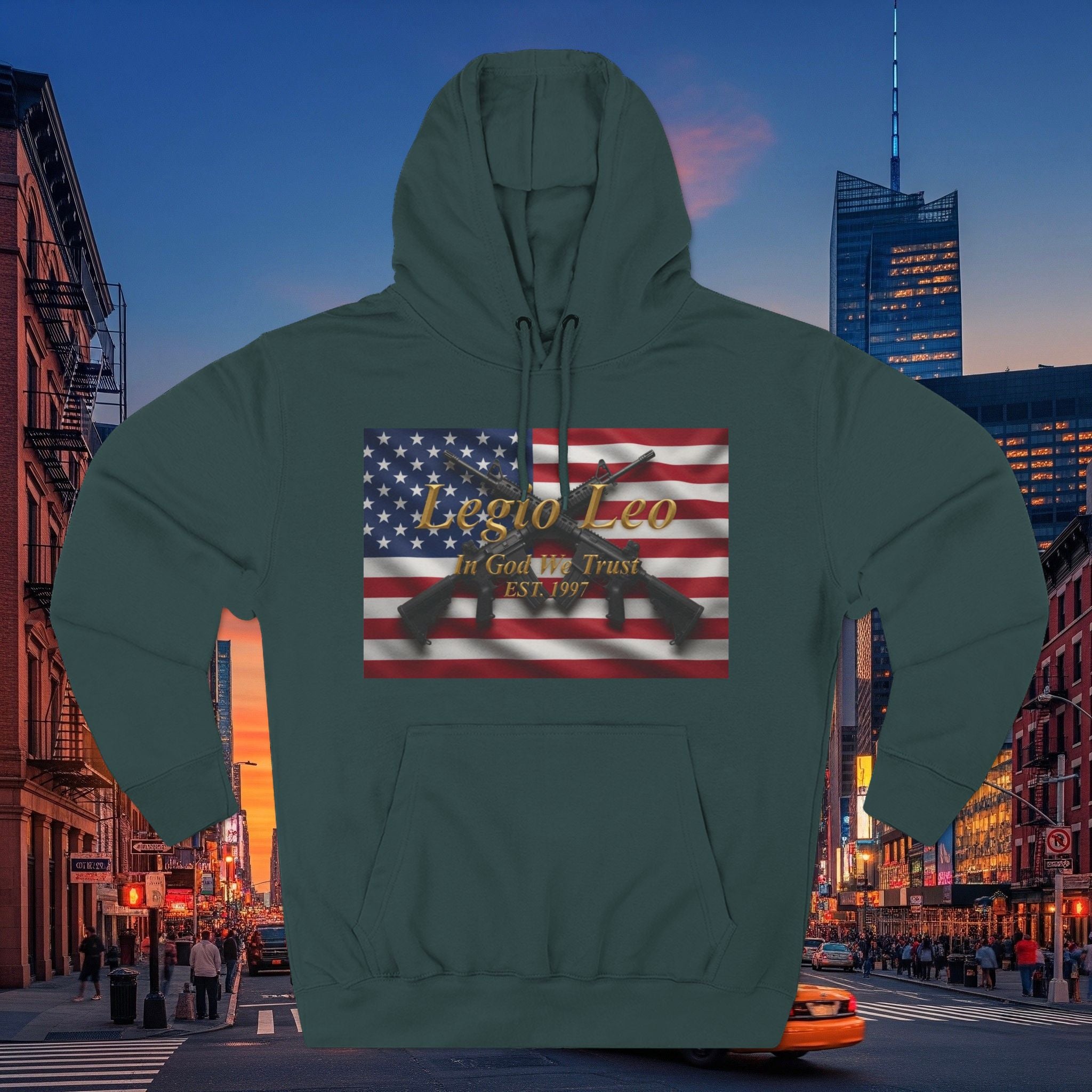 Legio Leo American Flag Fleece Hoodie – Minimal Gold Script Pullover Warrior Design