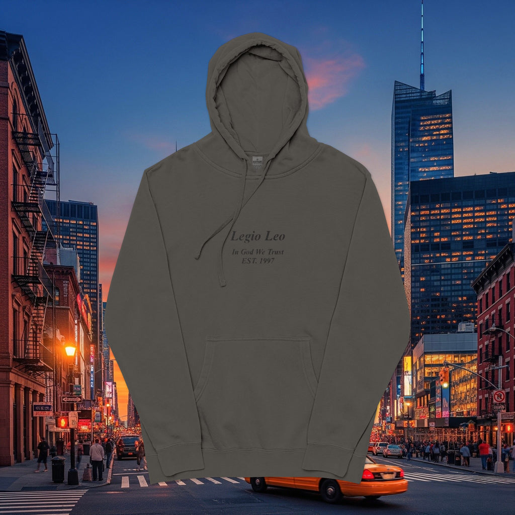 Minimal Olive Pigment-Dyed Hoodie — Subtle Script "Legio Leo" Design
