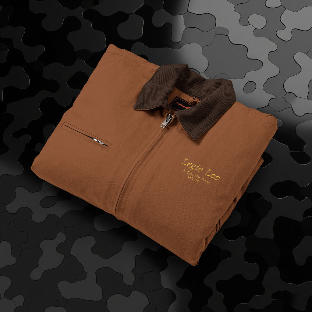 Legio Leo Duck Cloth Work Jacket — Durable Black Canvas Utility Coat | In God We Trust Embroidery