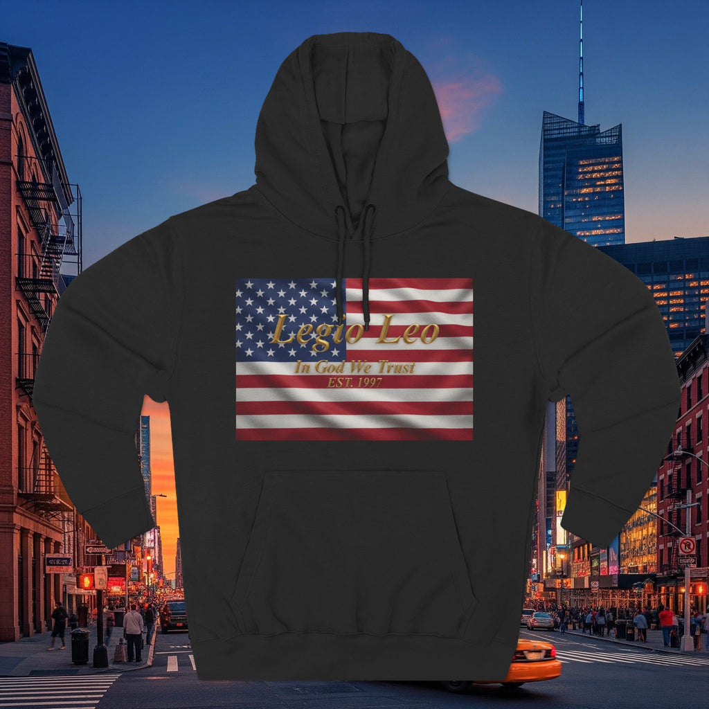 Legio Leo American Flag Fleece Hoodie – Minimal Gold Script Pullover
