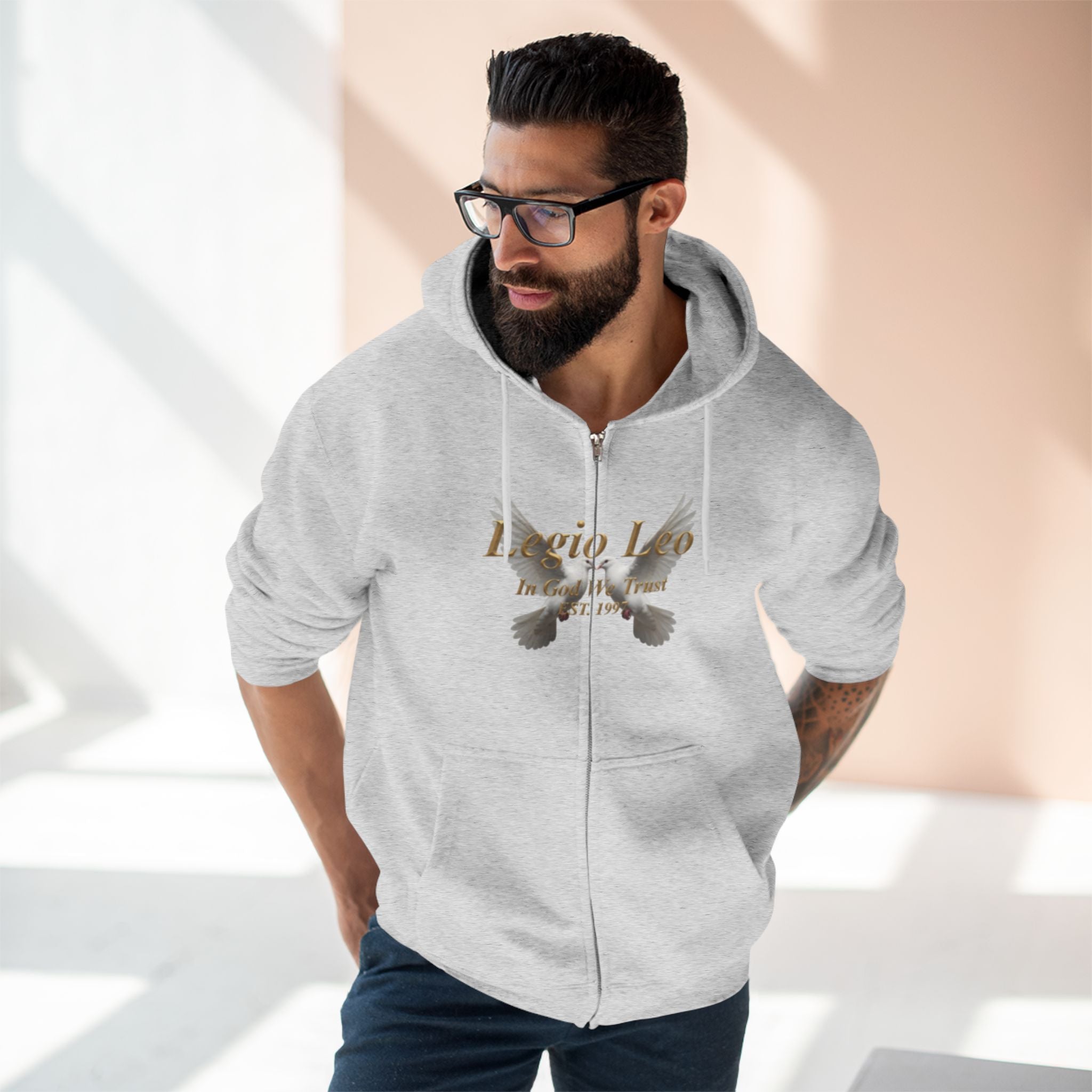 Leo Zodiac Zip Hoodie — 'Legio Leo— In God We Trust' Script with White Doves Design