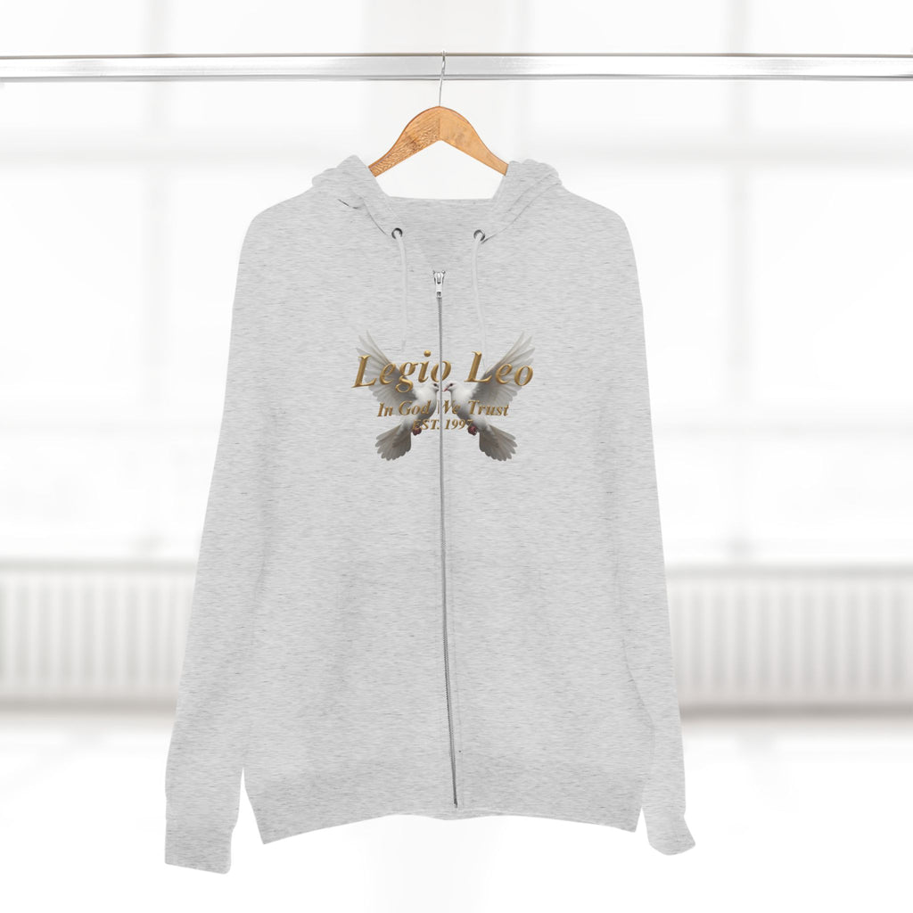 Leo Zodiac Zip Hoodie — 'Legio Leo— In God We Trust' Script with White Doves Design