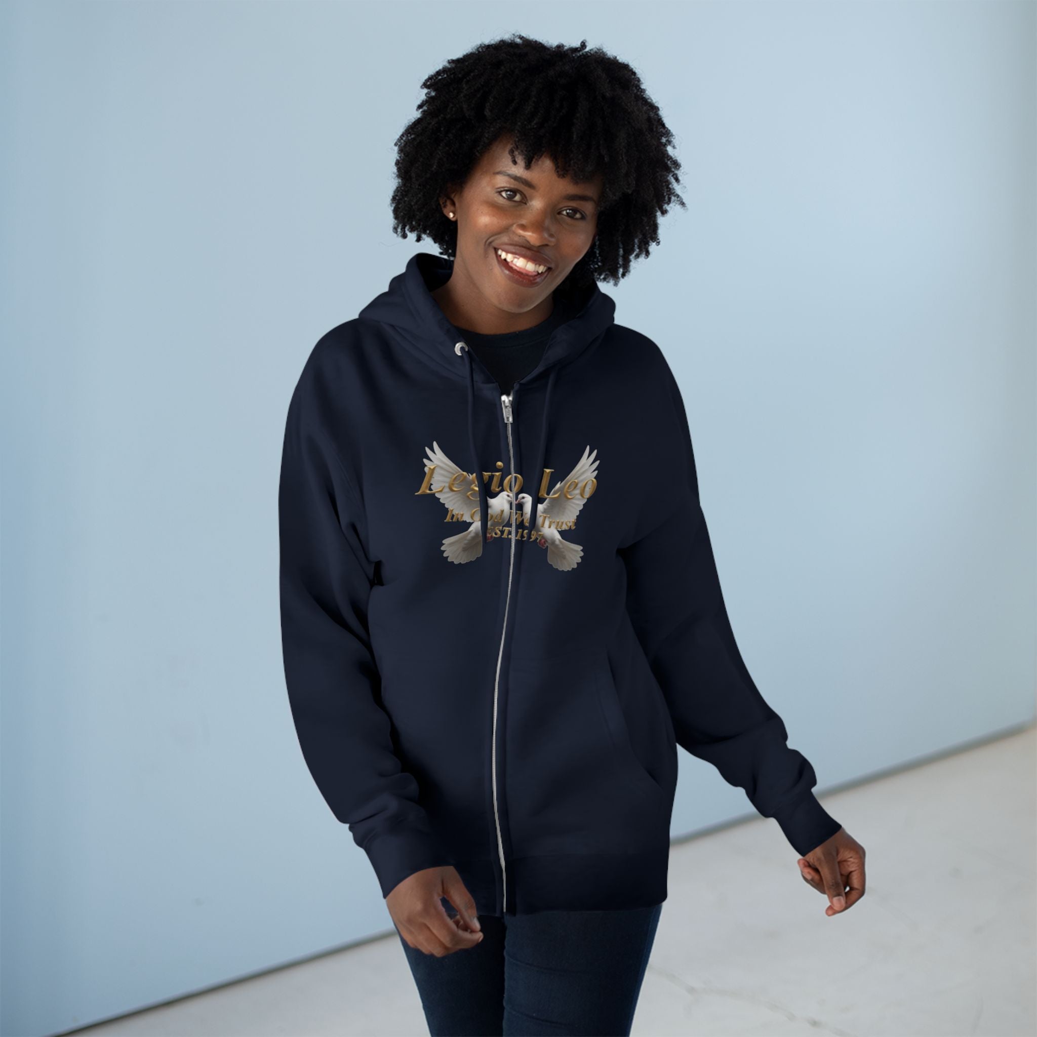 Leo Zodiac Zip Hoodie — 'Legio Leo— In God We Trust' Script with White Doves Design